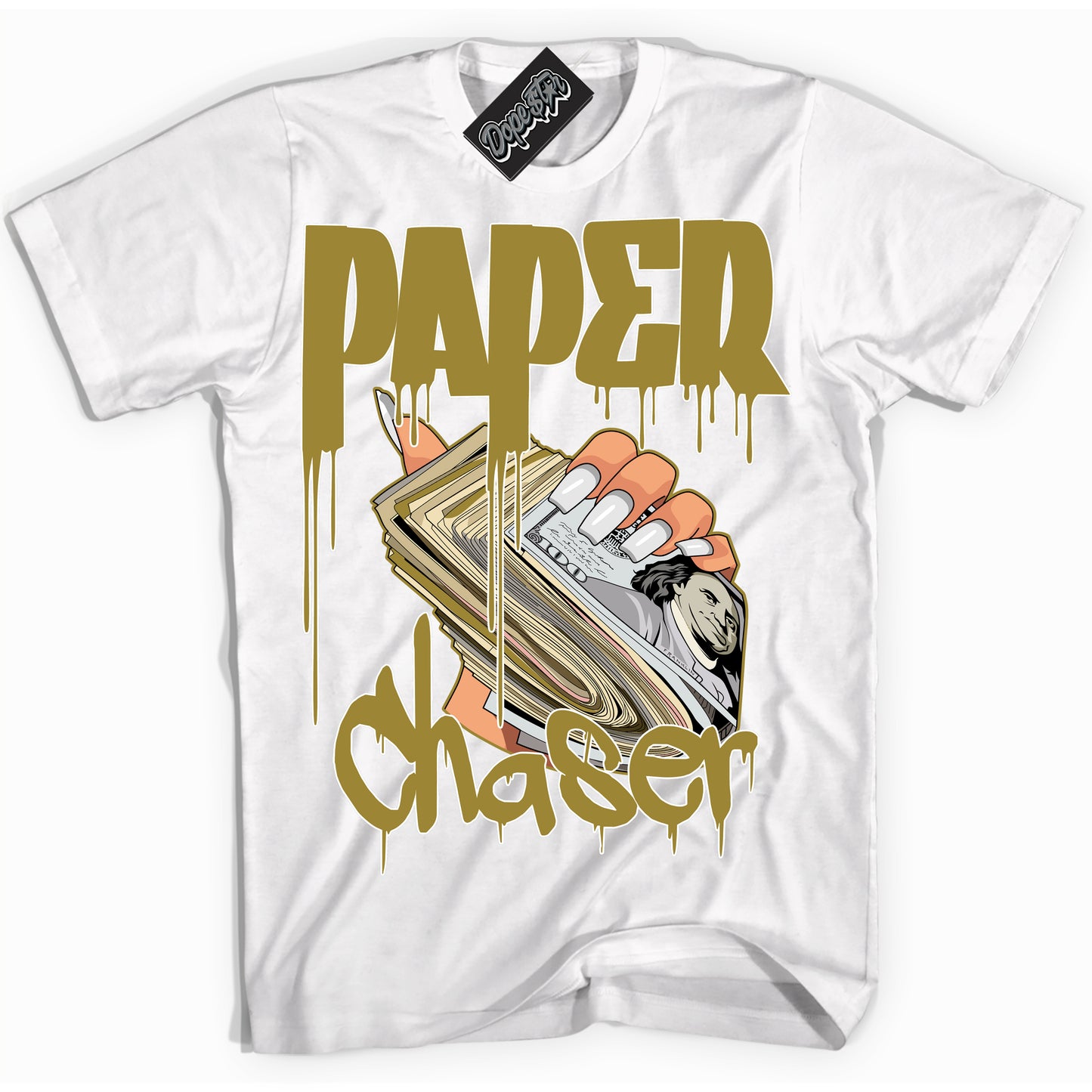 Cool White Shirt with “Paper Chaser” design that perfectly matches Pacific Moss Dunks.
