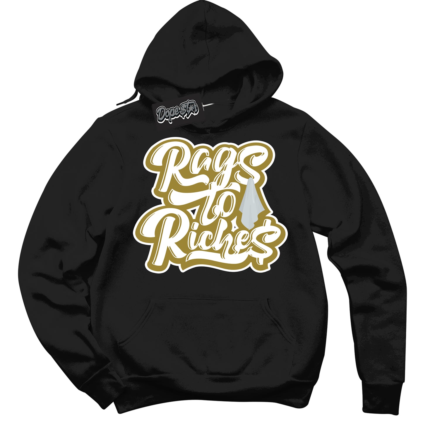 Cool Black Hoodie with “Rags To Riches” design that Perfectly Matches Pacific Moss Dunks.