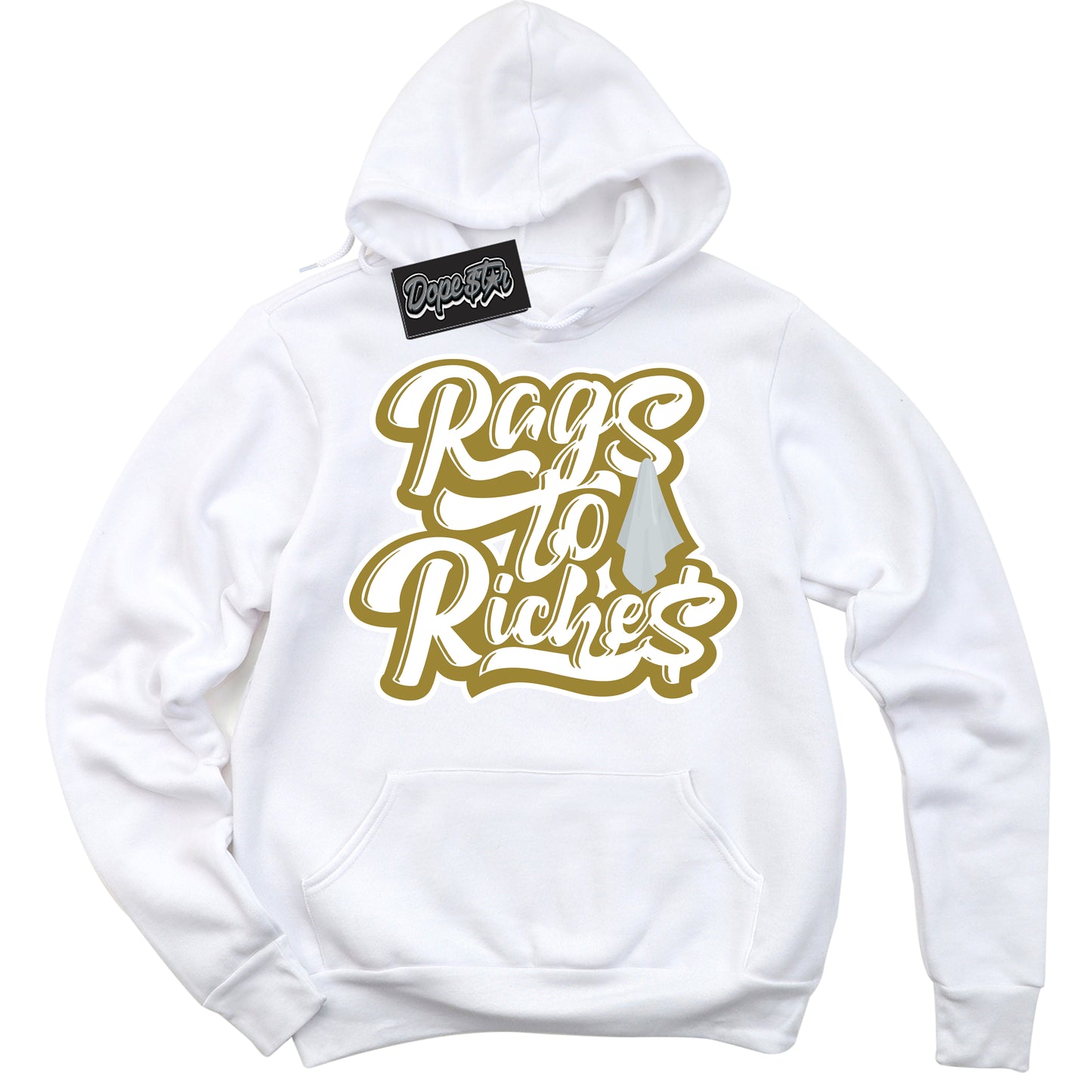 Cool White Hoodie with “Rags To Riches” design that Perfectly Matches Pacific Moss Dunks.