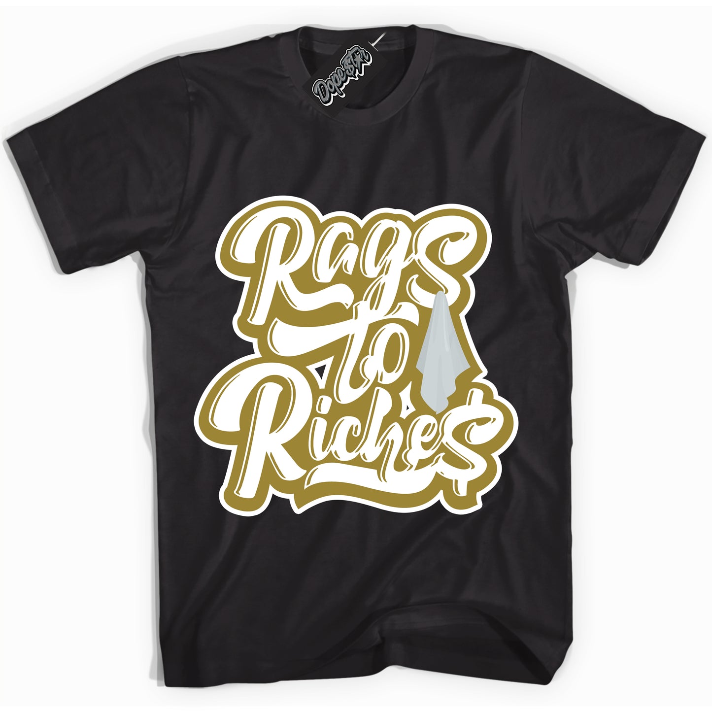 Cool Black Shirt with “Rags To Riches” design that perfectly matches Pacific Moss Dunks.