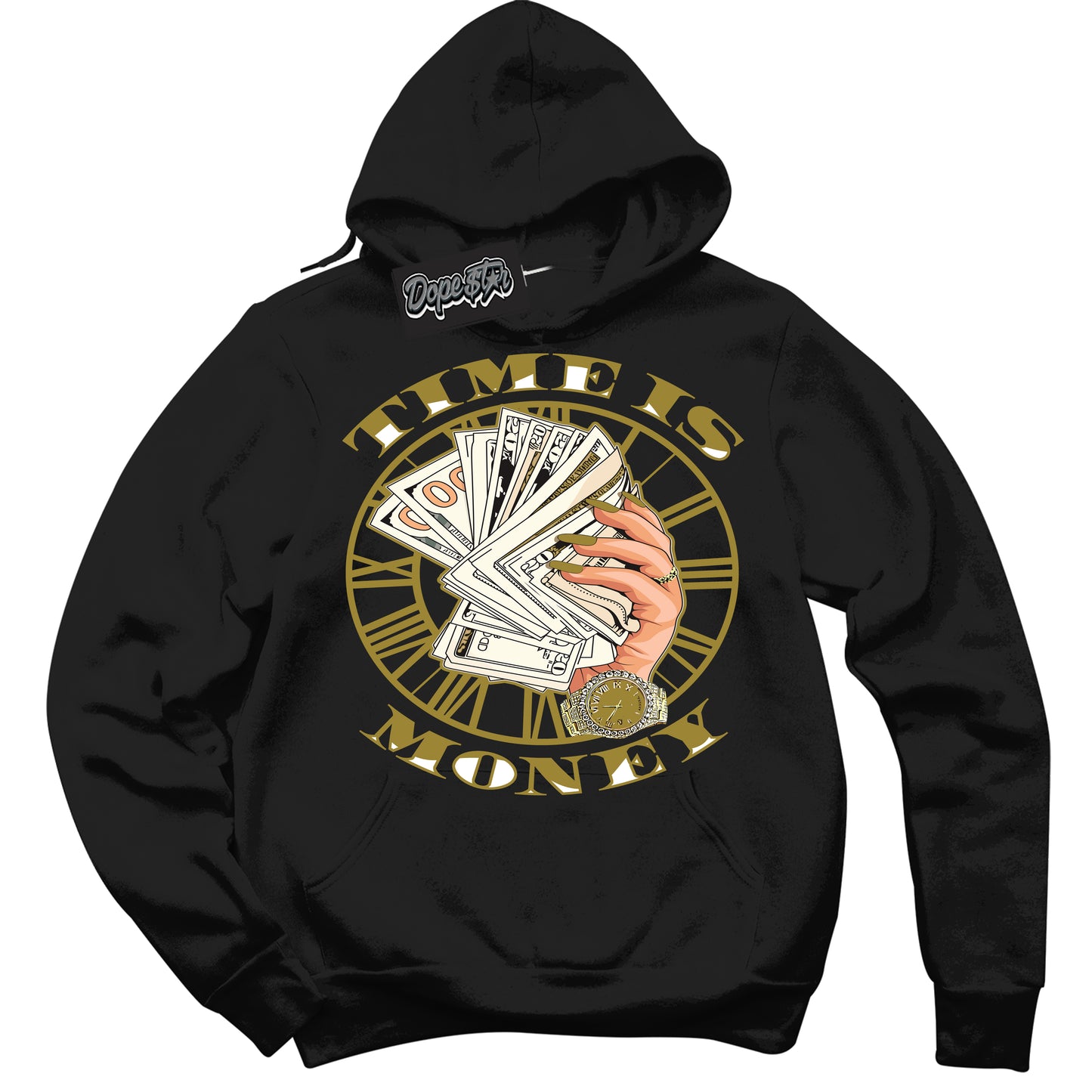 Cool Black Hoodie with “Time Is Money” design that Perfectly Matches Pacific Moss Dunks.