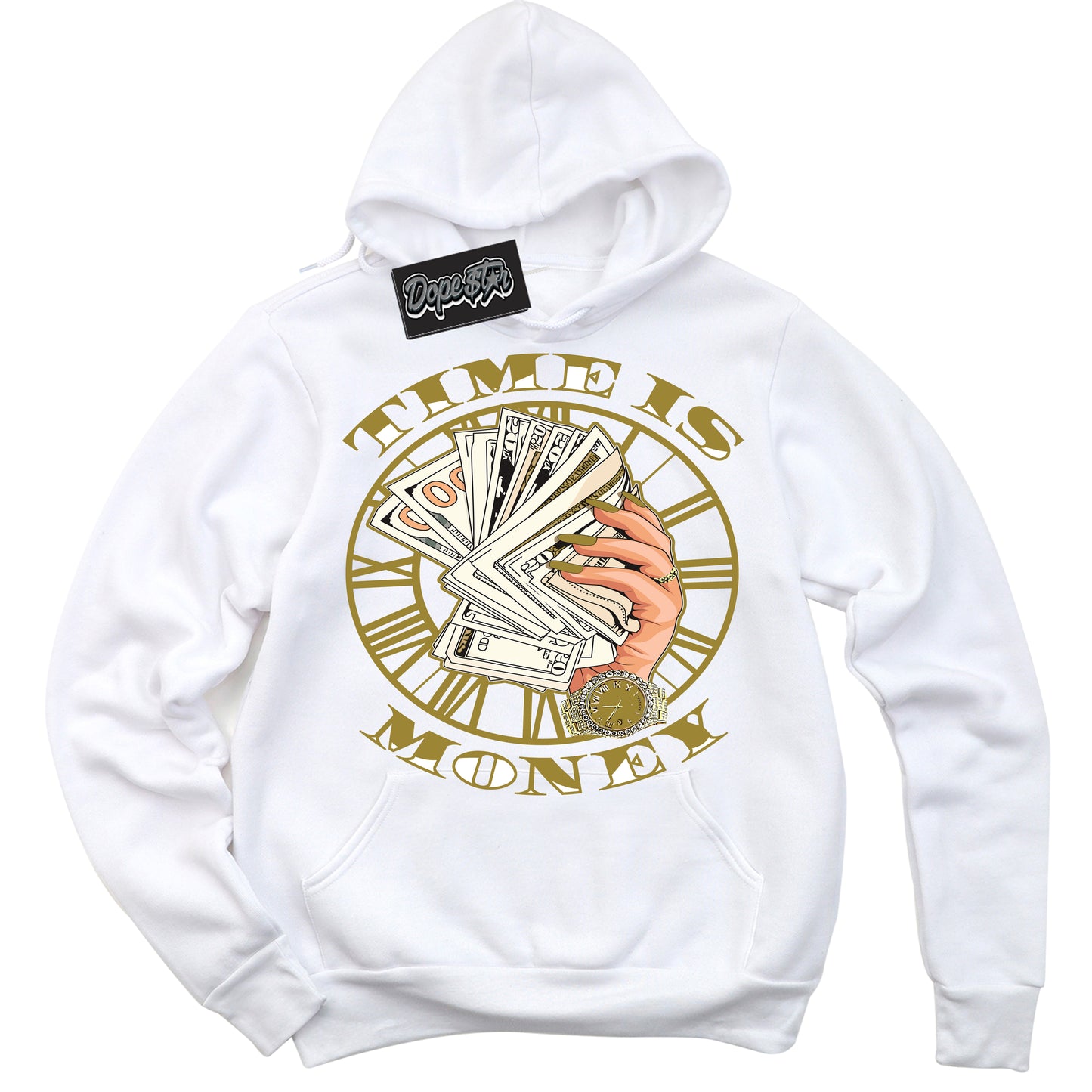 Cool White Hoodie with “Time Is Money” design that Perfectly Matches Pacific Moss Dunks.