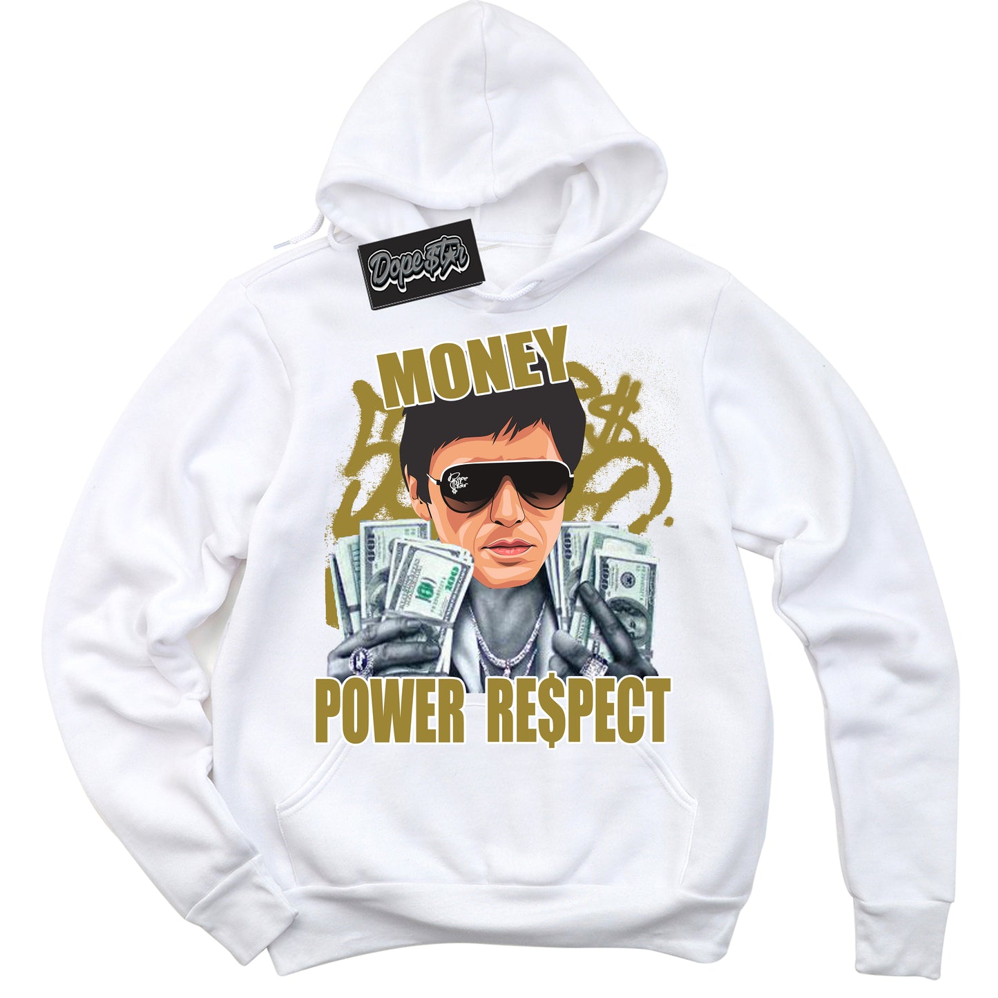 Cool White Hoodie with “Tony Montana” design that Perfectly Matches Pacific Moss Dunks.