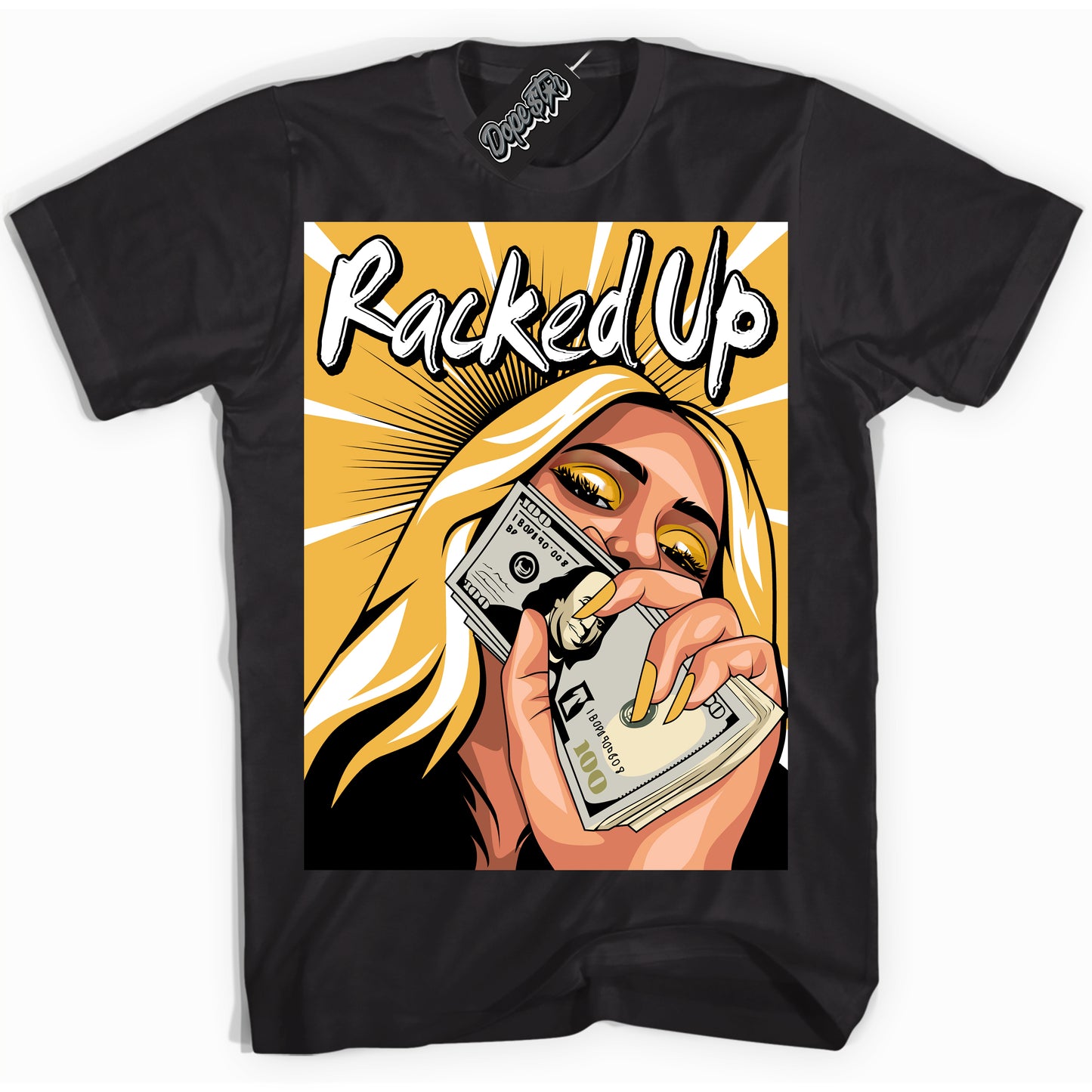 Cool Black Shirt with “Racked Up” design that perfectly matches Wu Tang Dunk.