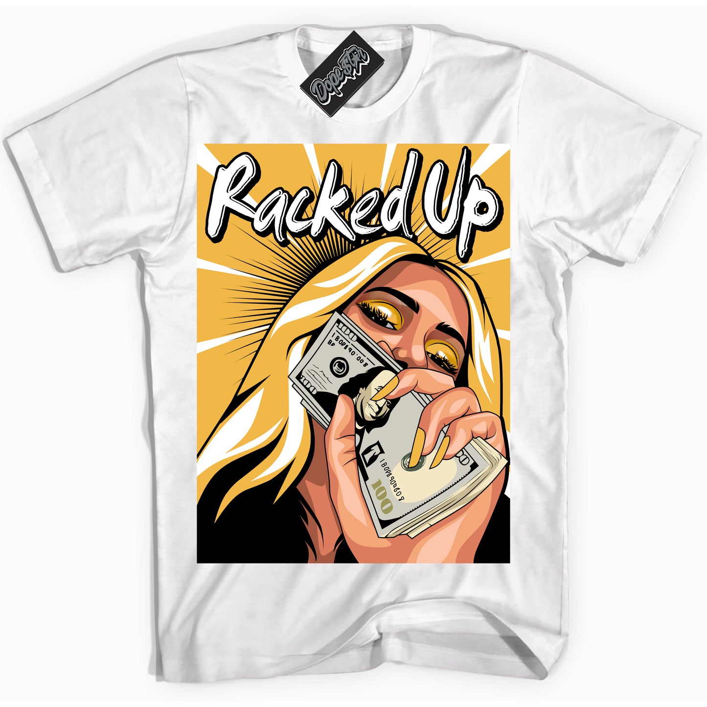 Cool White Shirt with “Racked Up” design that perfectly matches Wu Tang Dunk.