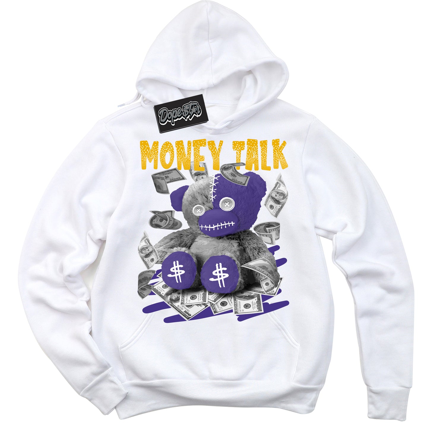 Cool White Hoodie with “Money Talk Bear” design that Perfectly Matches Air Force 1 QS Kobe Lakers Home Sneakers.