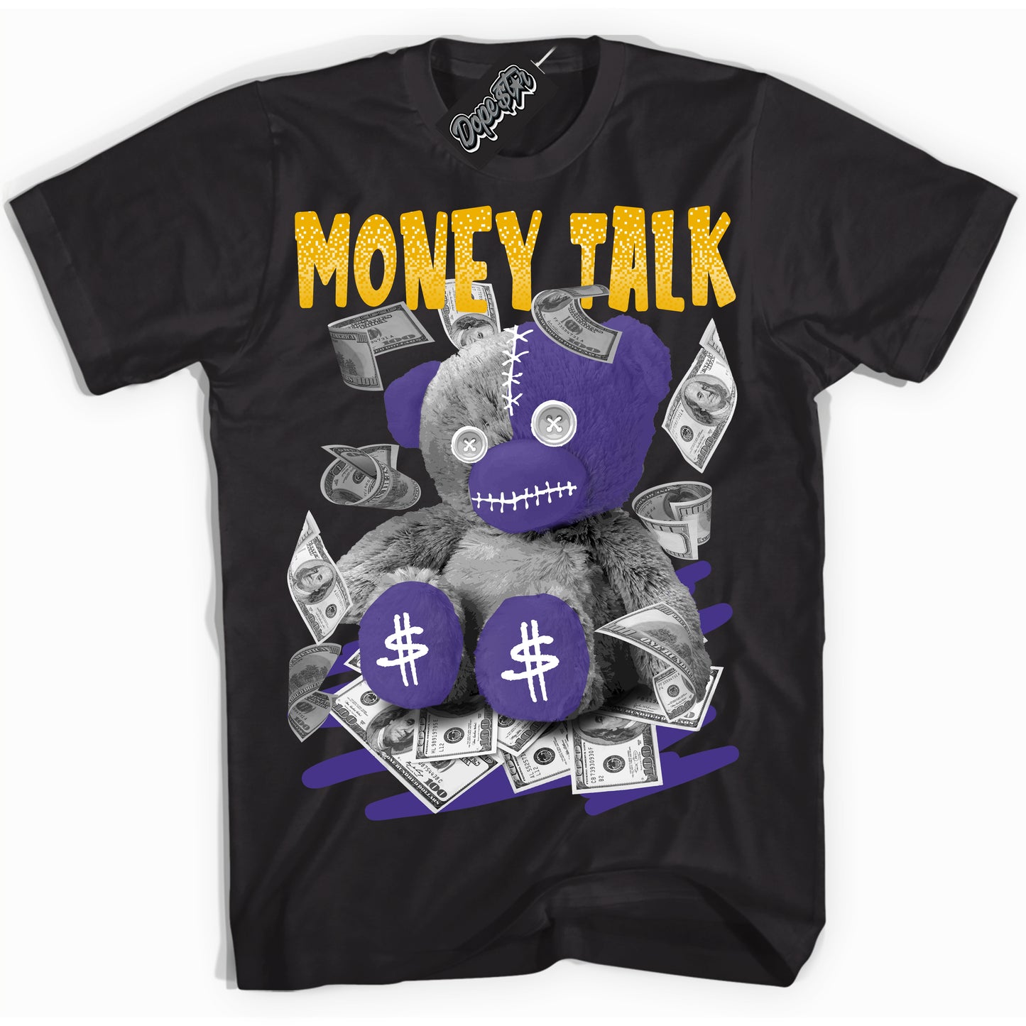 Cool Black Shirt with “Money Talk Bear” design that perfectly matches the Air Force 1 QS Kobe Lakers Home Sneakers.