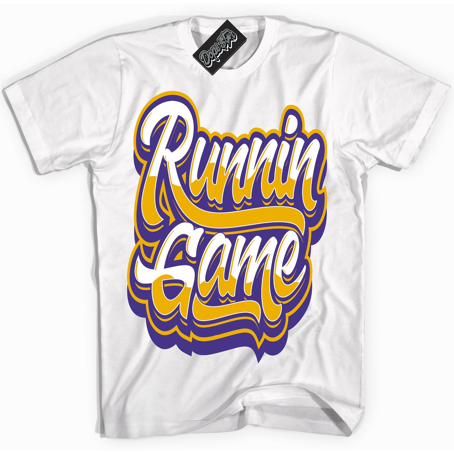 Cool White Shirt with “Running Game” design that perfectly matches the Air Force 1 QS Kobe Lakers Home Sneakers.