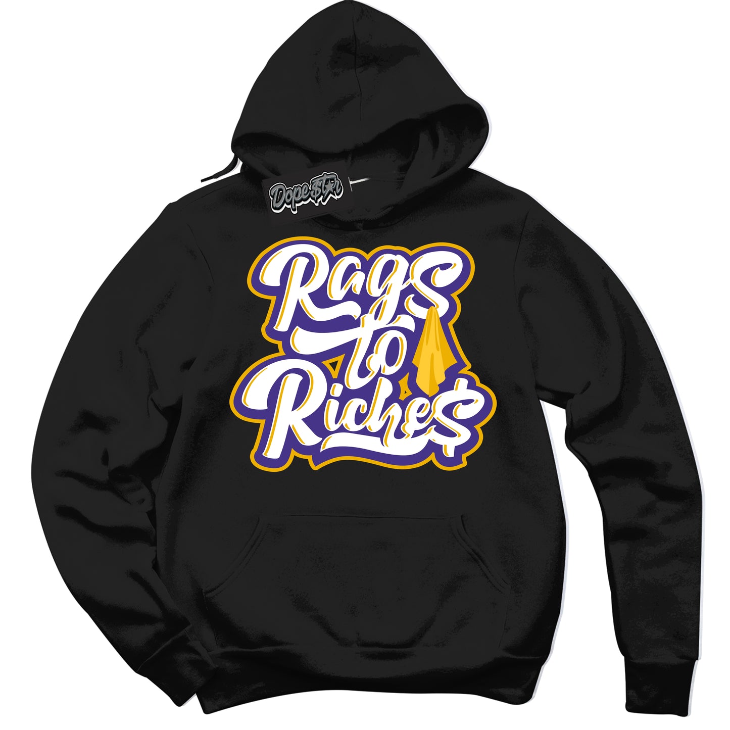 Cool Black Hoodie with “Rags To Riches” design that Perfectly Matches Air Force 1 QS Kobe Lakers Home Sneakers.