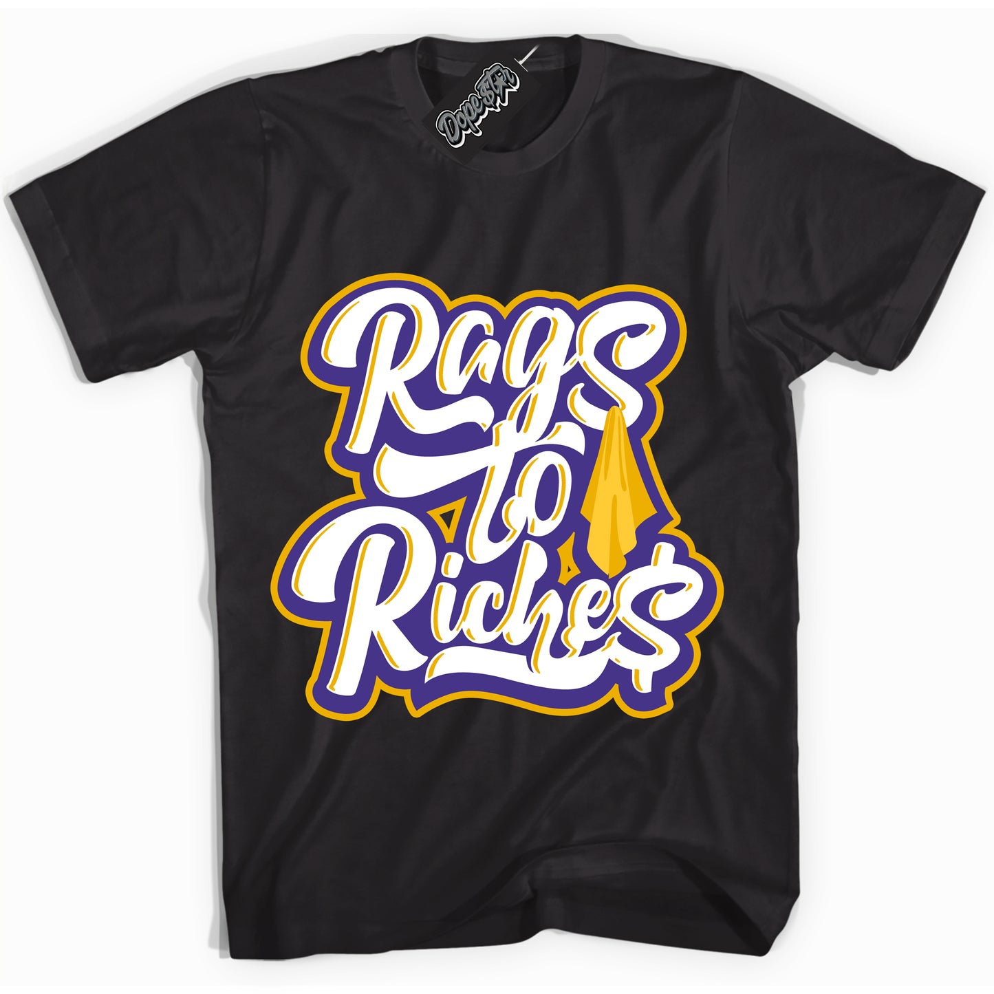 Cool Black Shirt with “Rags To Riches” design that perfectly matches the Air Force 1 QS Kobe Lakers Home Sneakers.