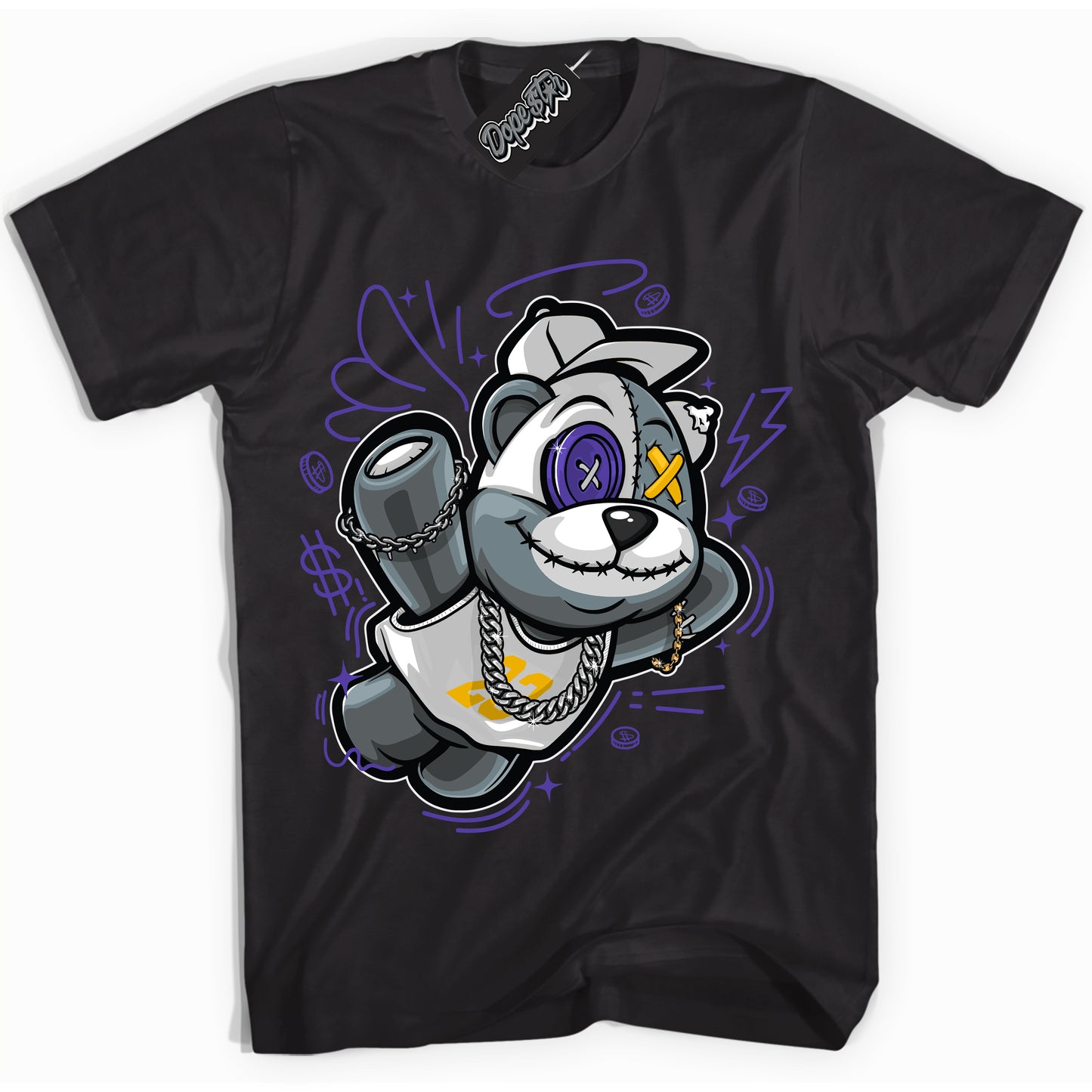 Cool Black Shirt with “Slam Dunk Bear” design that perfectly matches the Air Force 1 QS Kobe Lakers Home Sneakers.