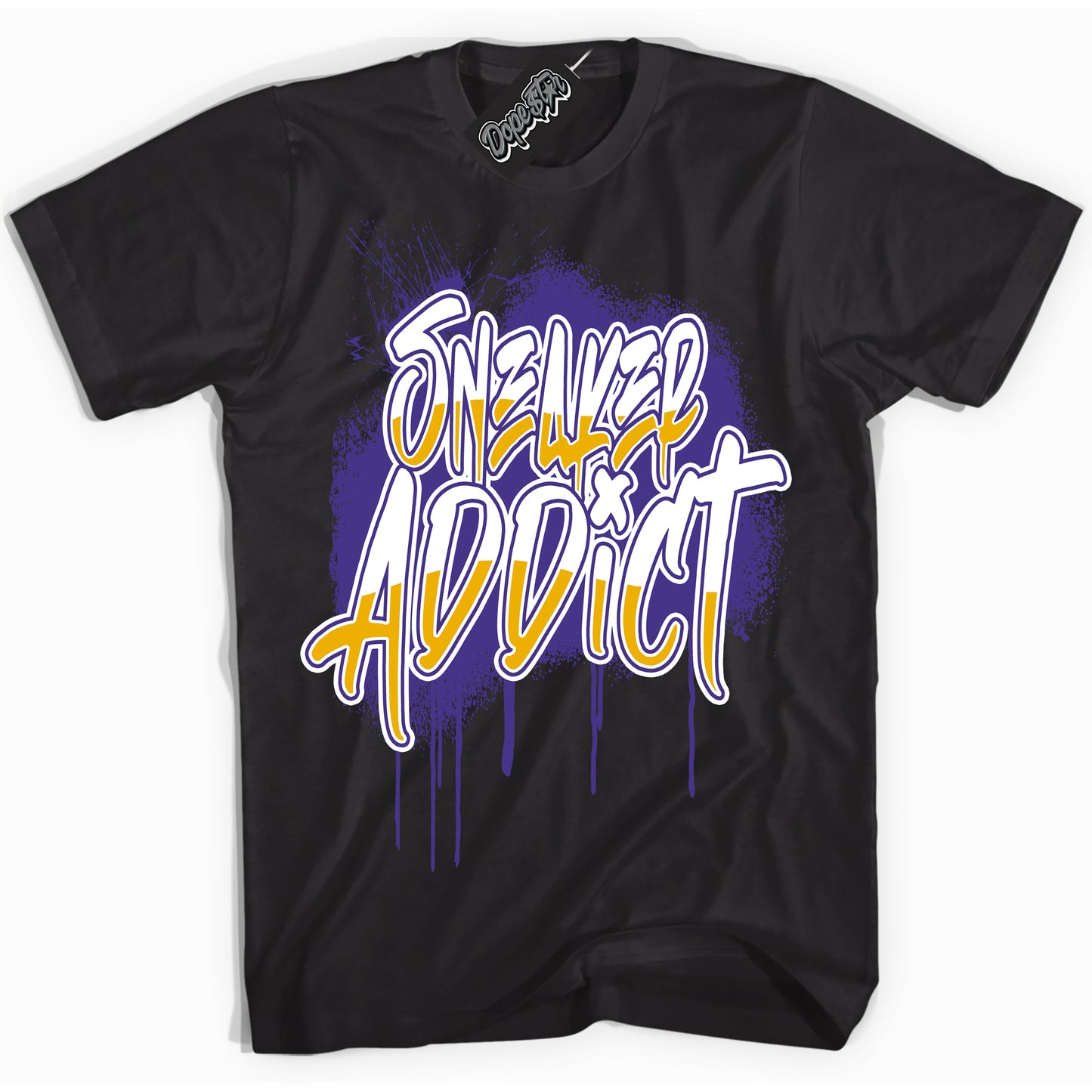 Cool Black Shirt with “Sneaker Addict” design that perfectly matches the Air Force 1 QS Kobe Lakers Home Sneakers.