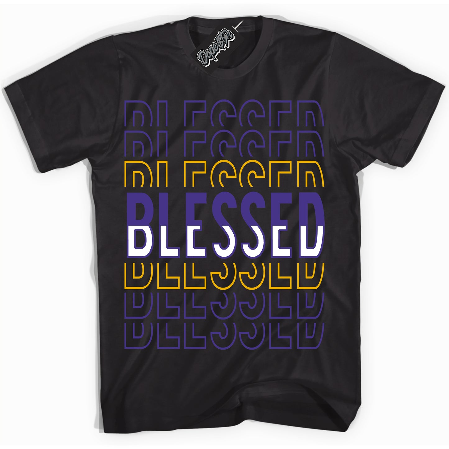 Cool Black Shirt with “Blessed Stacked” design that perfectly matches the Kobe 8 Protro Lakers Home Sneakers.