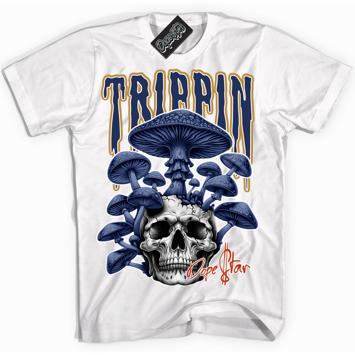 Cool White Shirt with “Trippin” design that perfectly matches Orange Label Navy Gum Dunk.