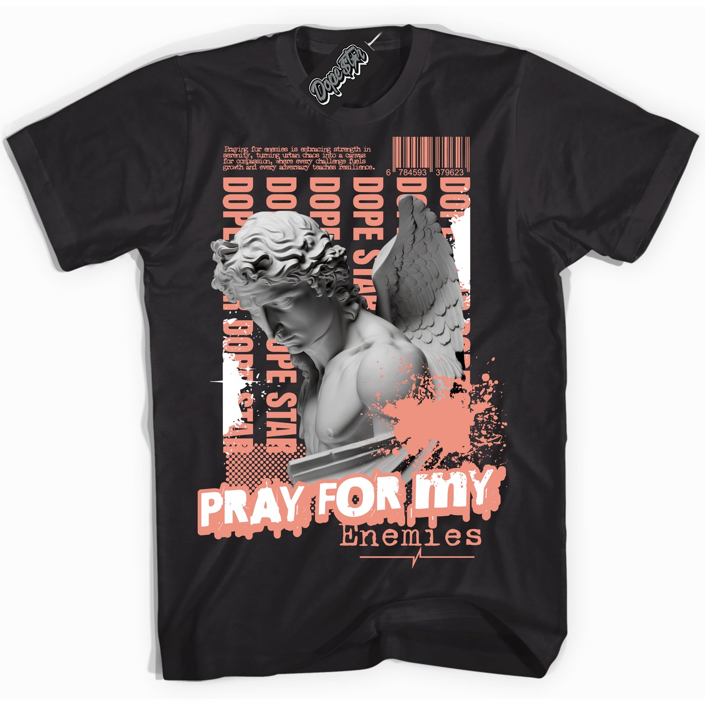 Cool Black Shirt with “Pray Enemies” design that perfectly matches Light Wild Mango Dunk.