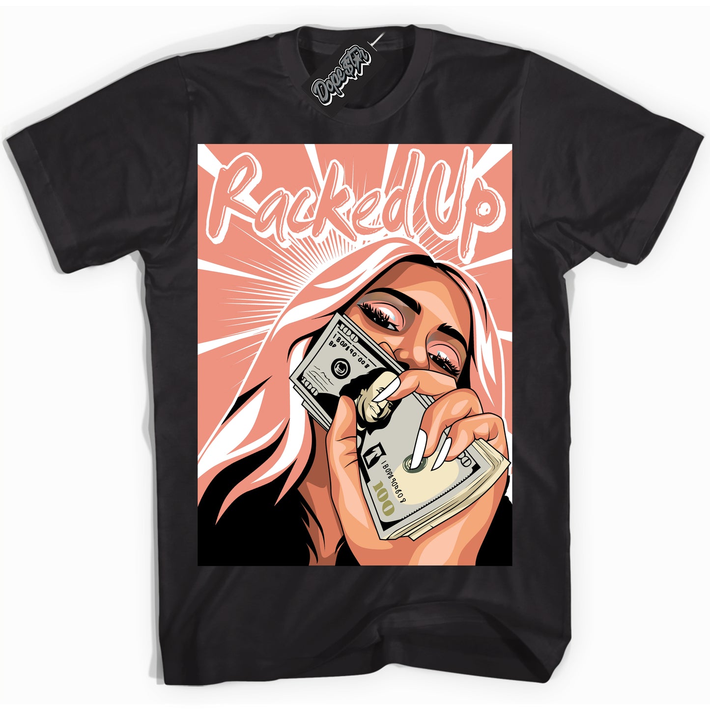 Cool Black Shirt with “Racked Up” design that perfectly matches Light Wild Mango Dunk.