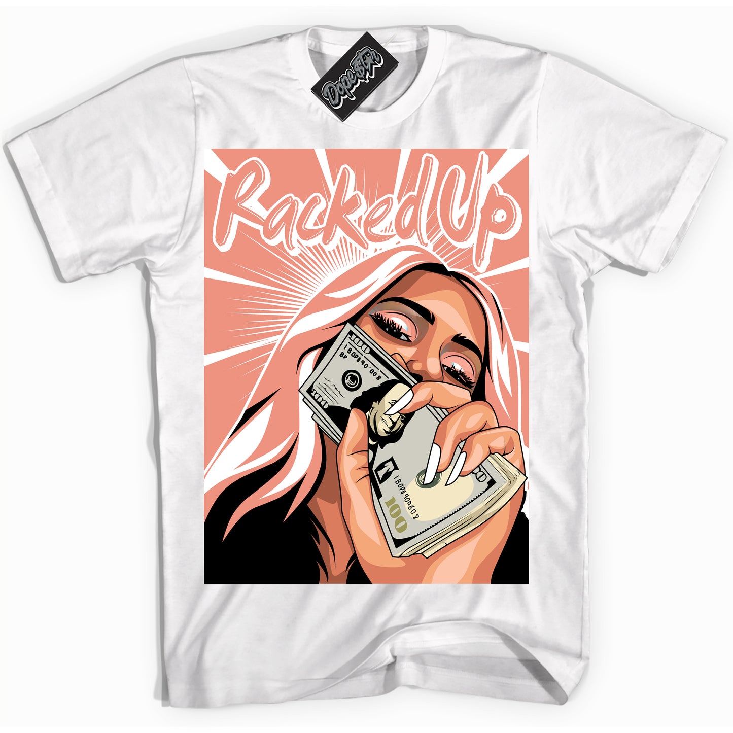 Cool White Shirt with “Racked Up” design that perfectly matches Light Wild Mango Dunk.