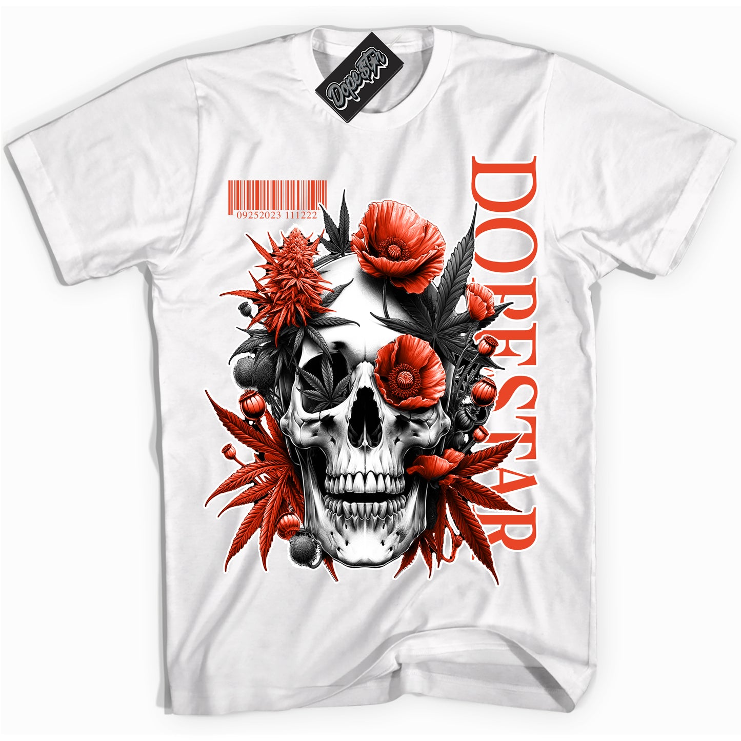 Cool White Shirt with “Skull Poppies” design that perfectly matches Cosmic Clay Dunk.
