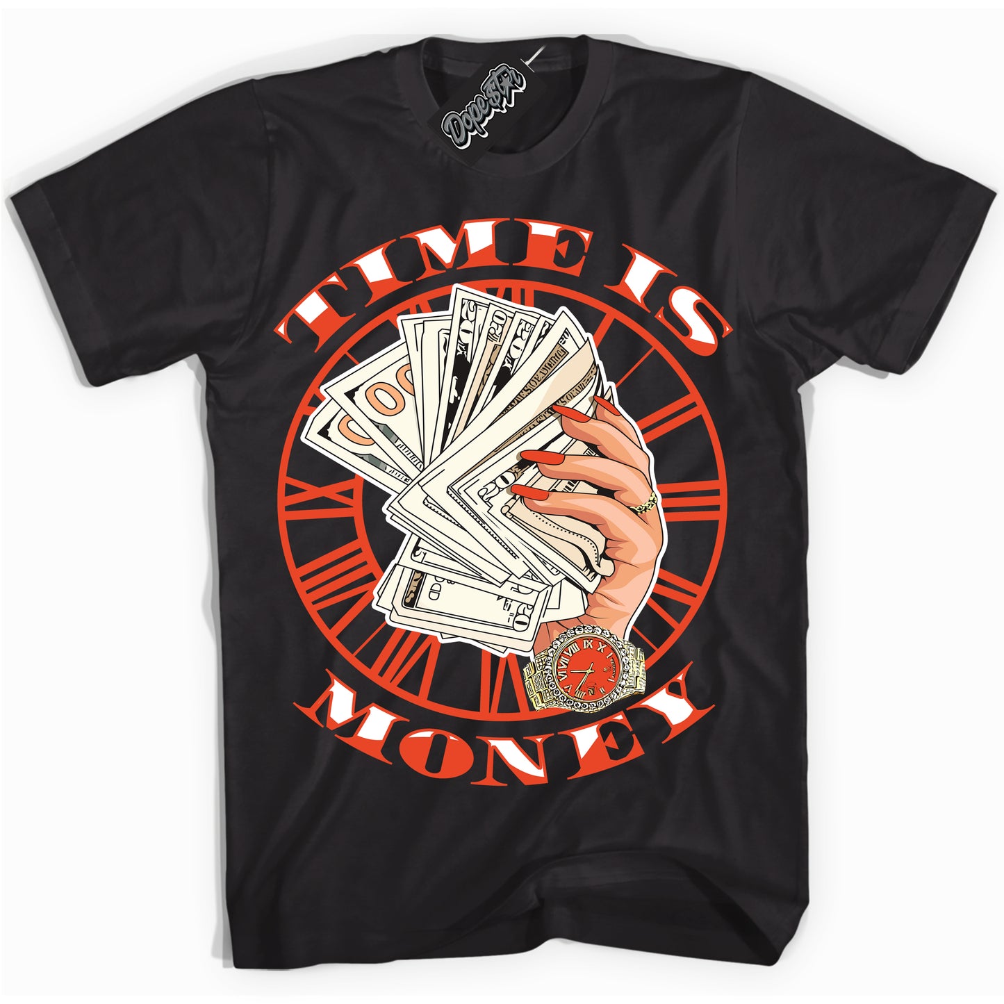 Cool Black Shirt with “Time Is Money” design that perfectly matches Cosmic Clay Dunk.