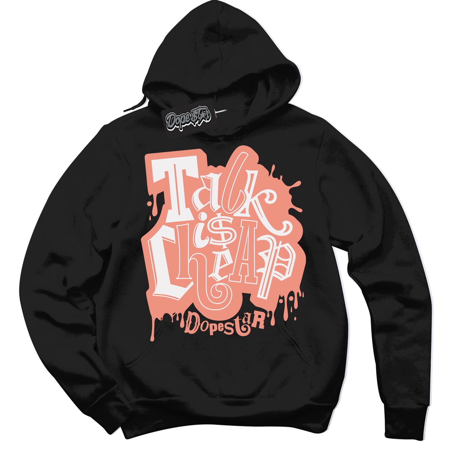 Cool Black Hoodie with “Talk Is Cheap” design that Perfectly Matches Light Wild Mango Dunk.