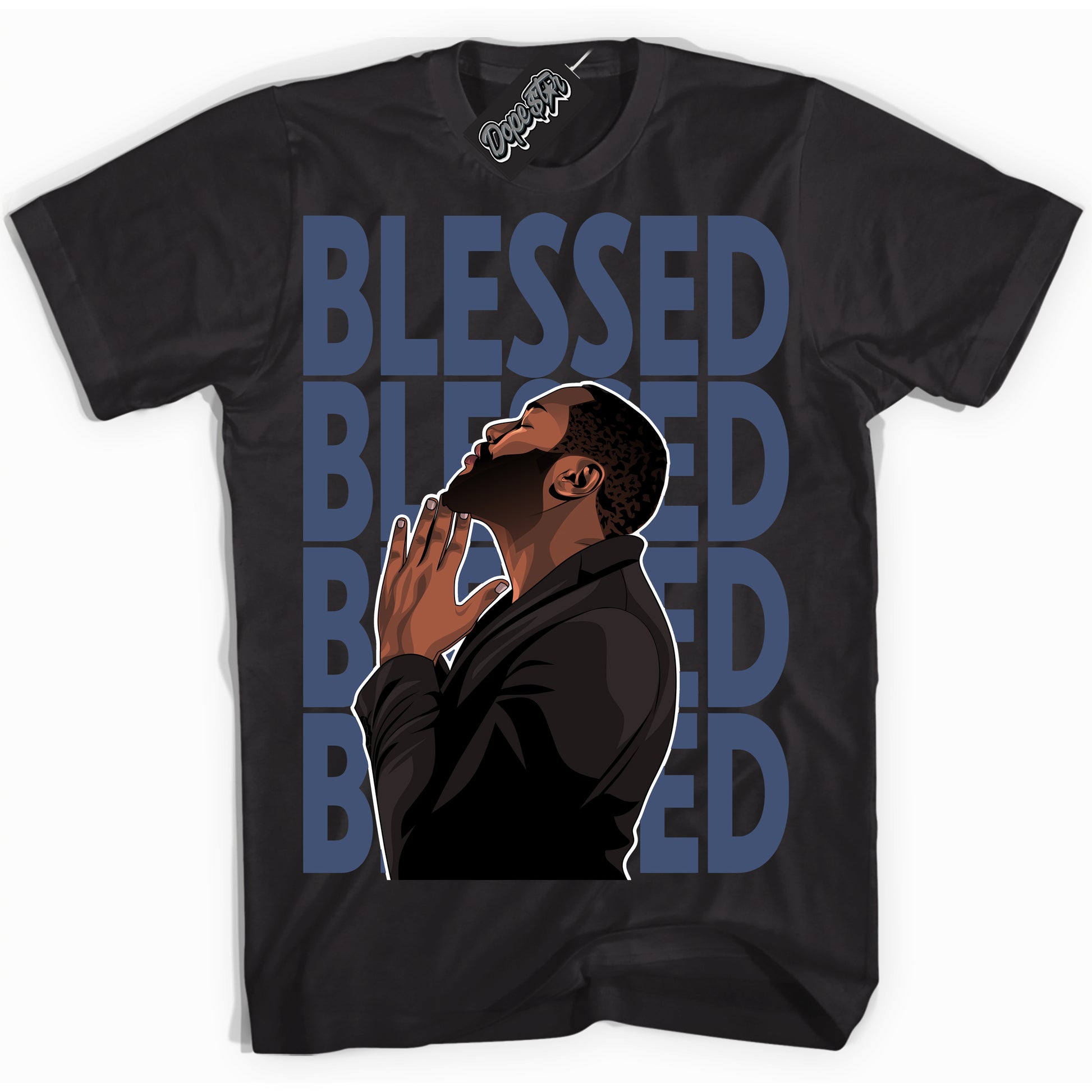 Cool Black Shirt with “God Blessed” design that perfectly matches Diffused Blue 11s Jordans.