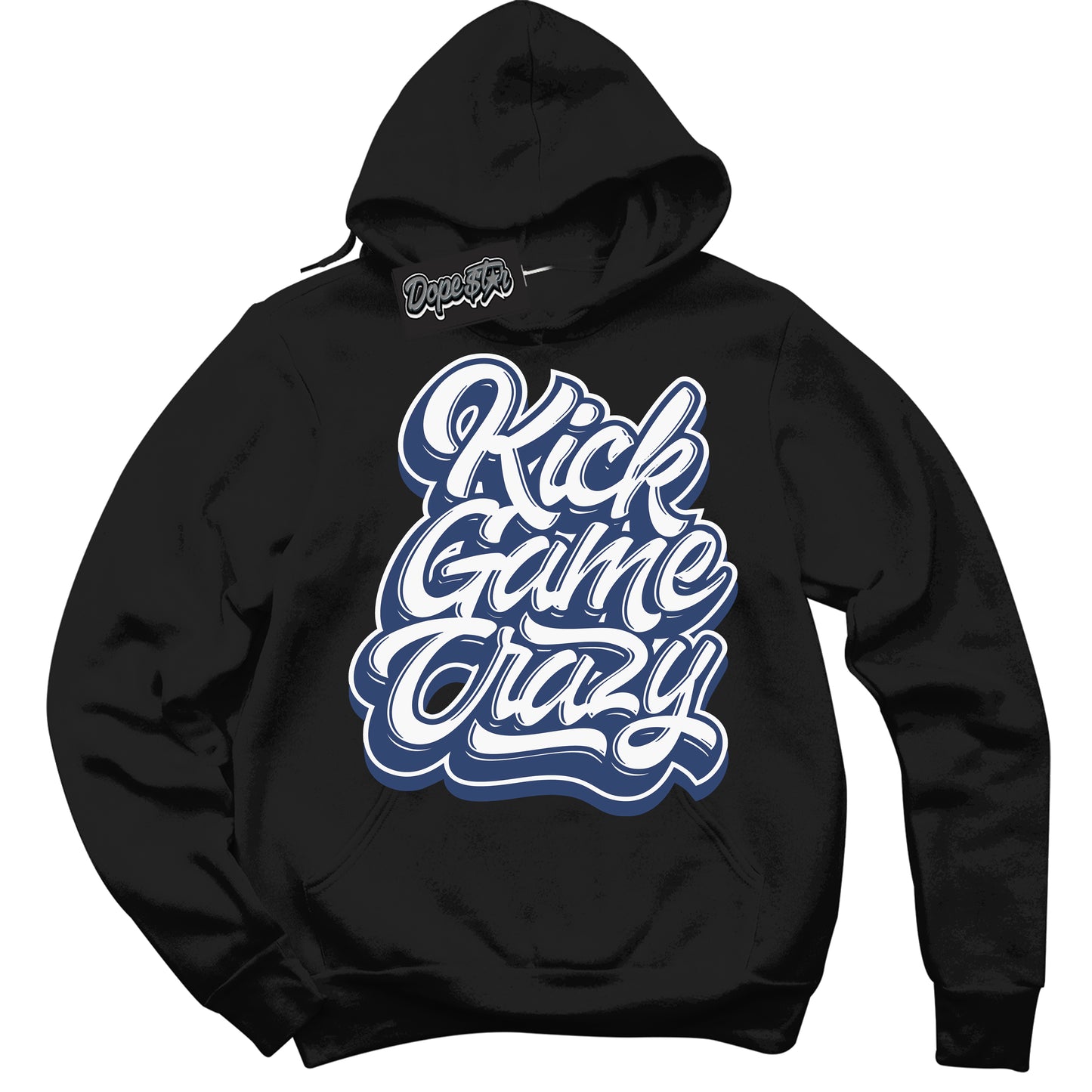 Cool Black Hoodie with “Kick Game Crazy” design that Perfectly Matches Diffused Blue 11s Jordans.