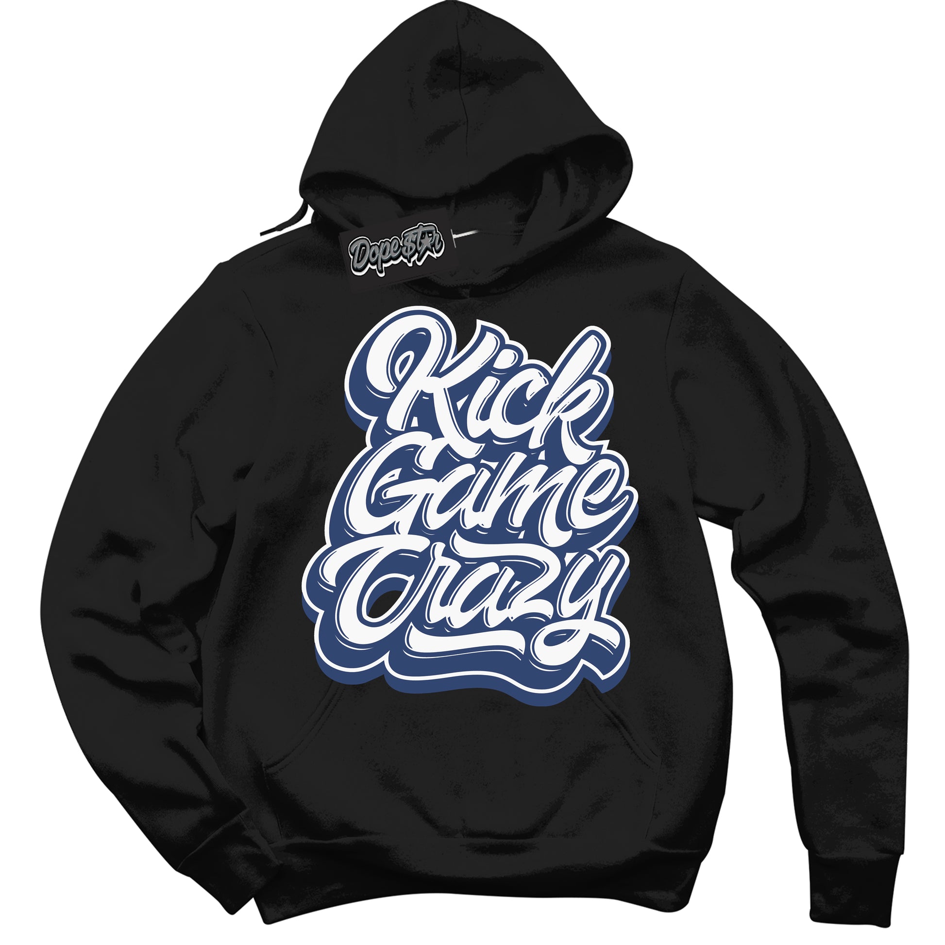 Cool Black Hoodie with “Kick Game Crazy” design that Perfectly Matches Diffused Blue 11s Jordans.