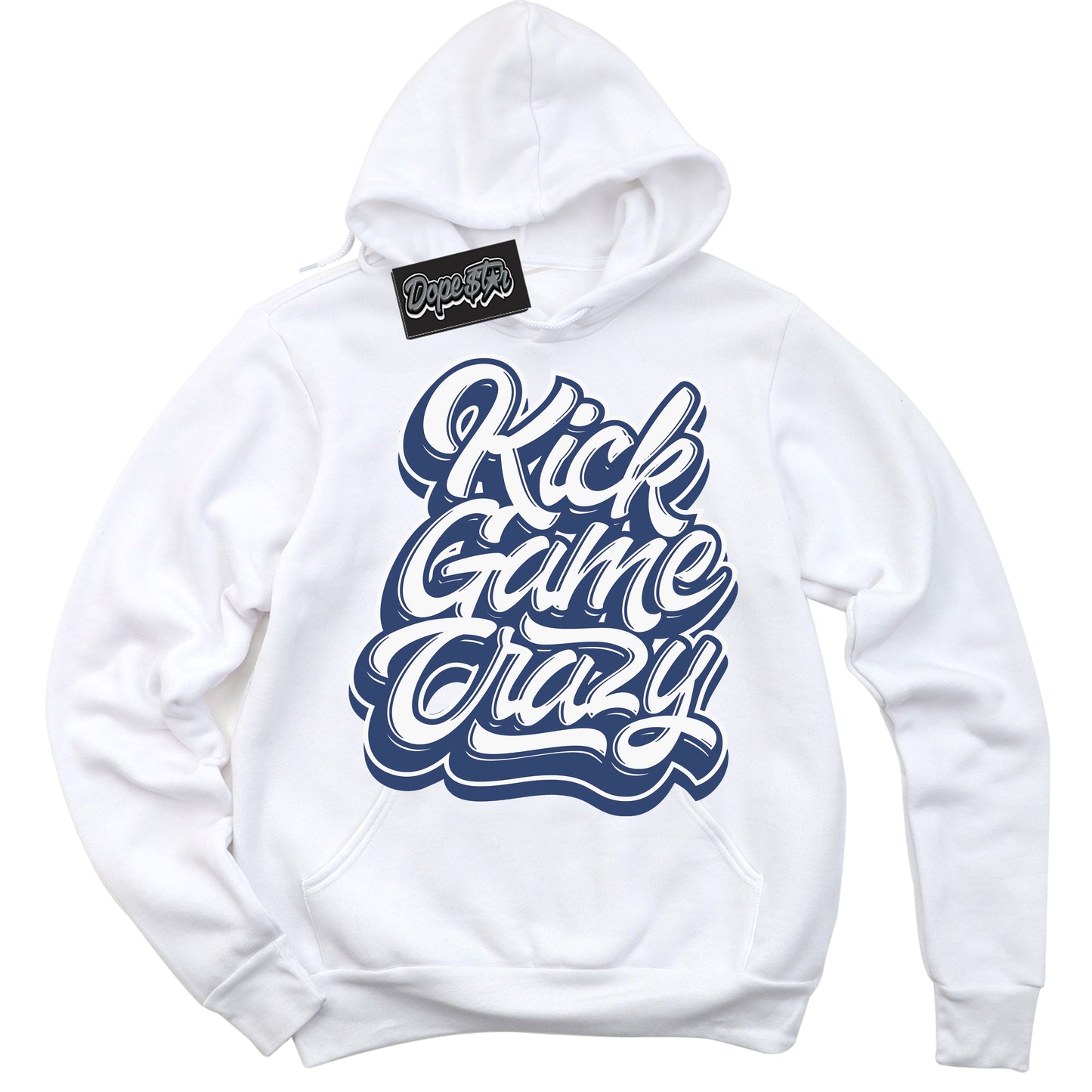 Cool White Hoodie with “Kick Game Crazy” design that Perfectly Matches Diffused Blue 11s Jordans.