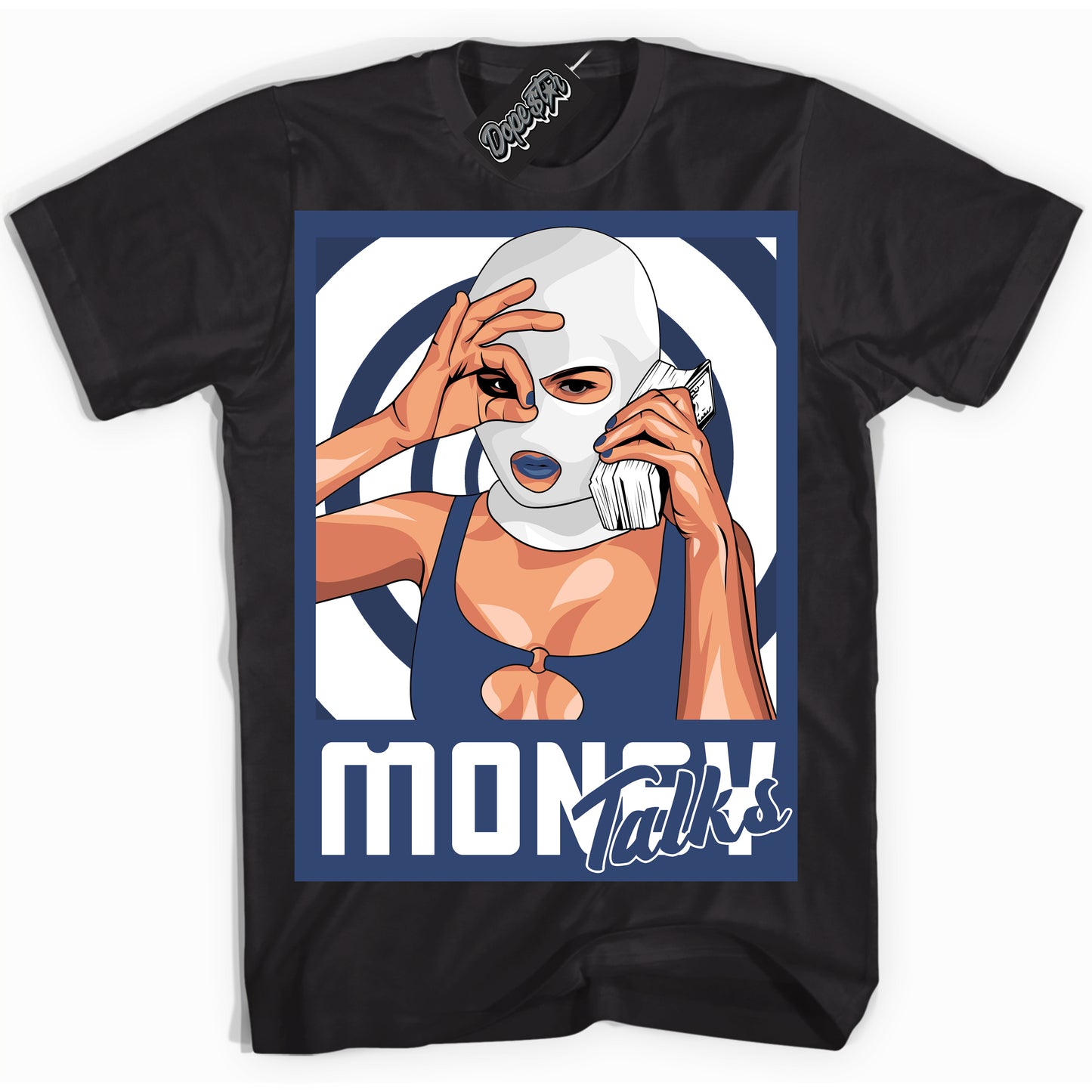 Cool Black Shirt with “Money Talks” design that perfectly matches Diffused Blue 11s Jordans.