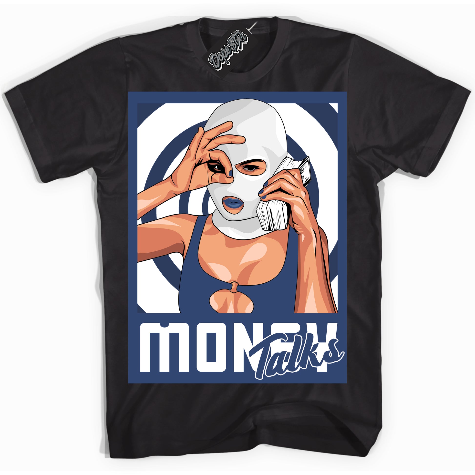 Cool Black Shirt with “Money Talks” design that perfectly matches Diffused Blue 11s Jordans.