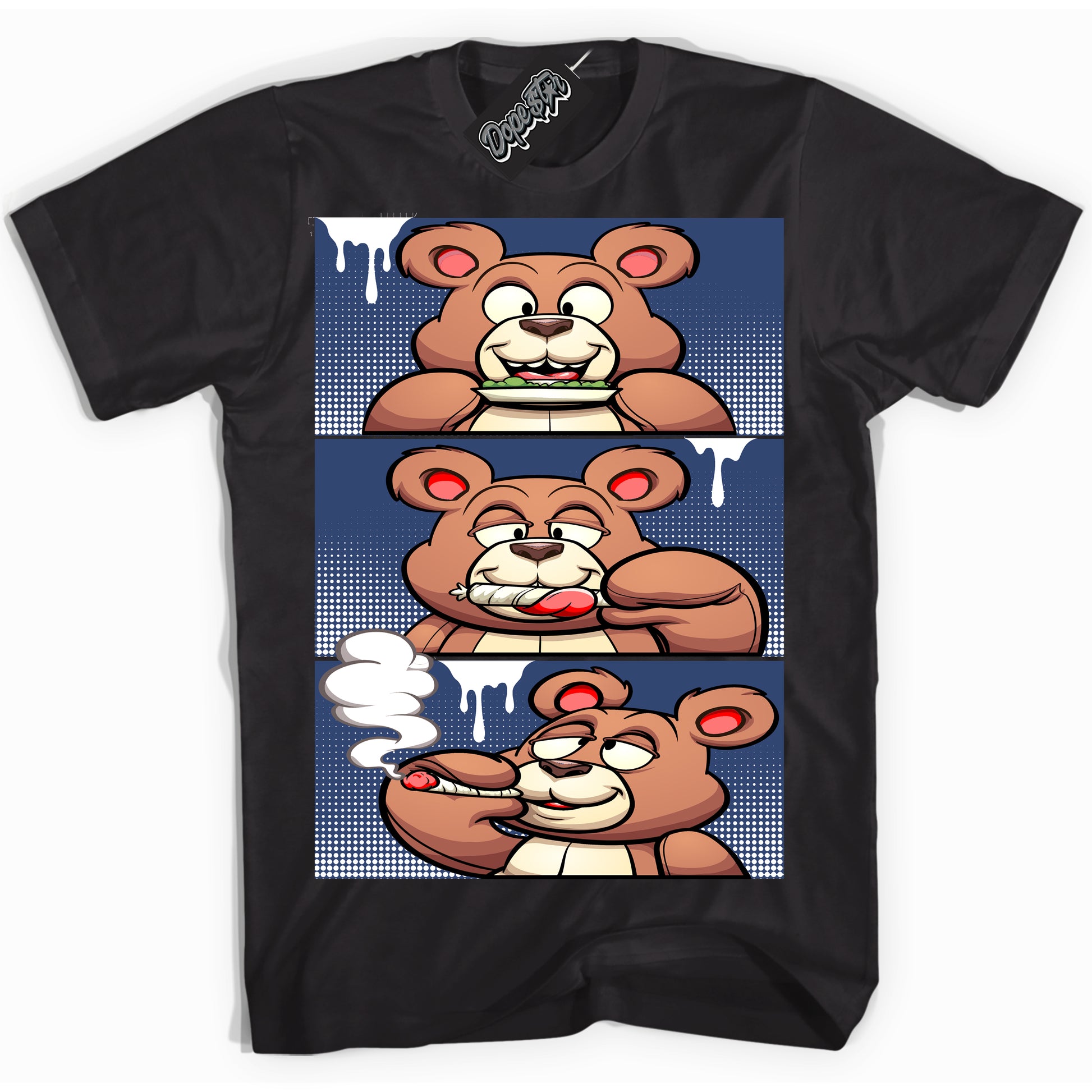 Cool Black Shirt with “Roll It Lick It Smoke It Bear” design that perfectly matches Diffused Blue 11s Jordans.