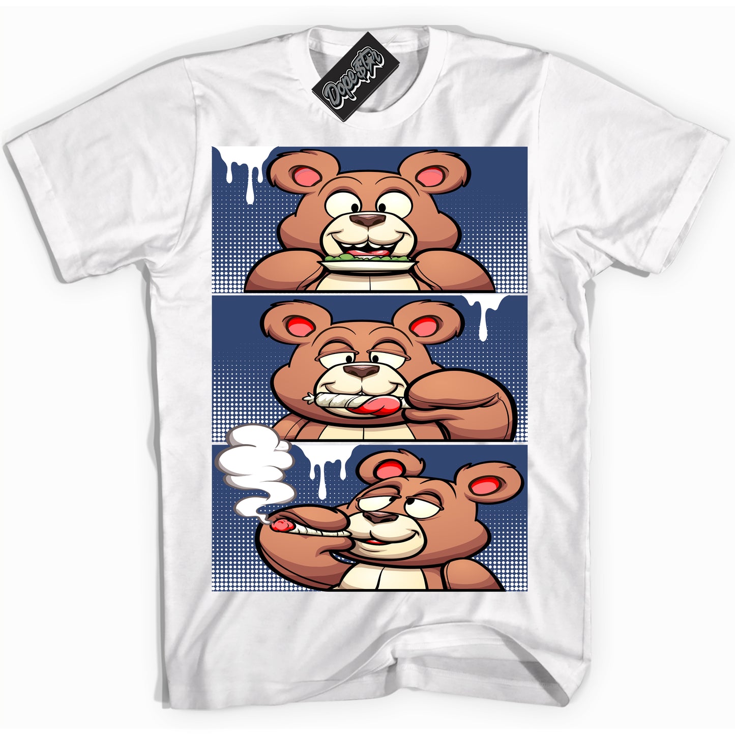 Cool White Shirt with “Roll It Lick It Smoke It Bear” design that perfectly matches Diffused Blue 11s Jordans.
