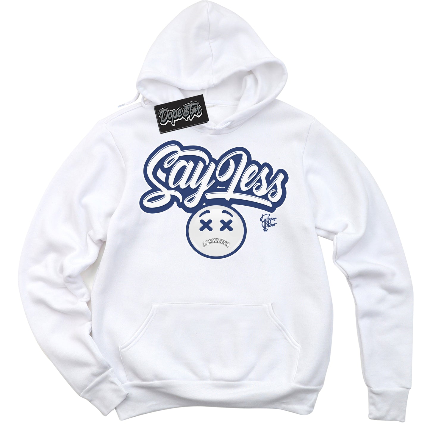 Cool White Hoodie with “Say Less” design that Perfectly Matches Diffused Blue 11s Jordans.