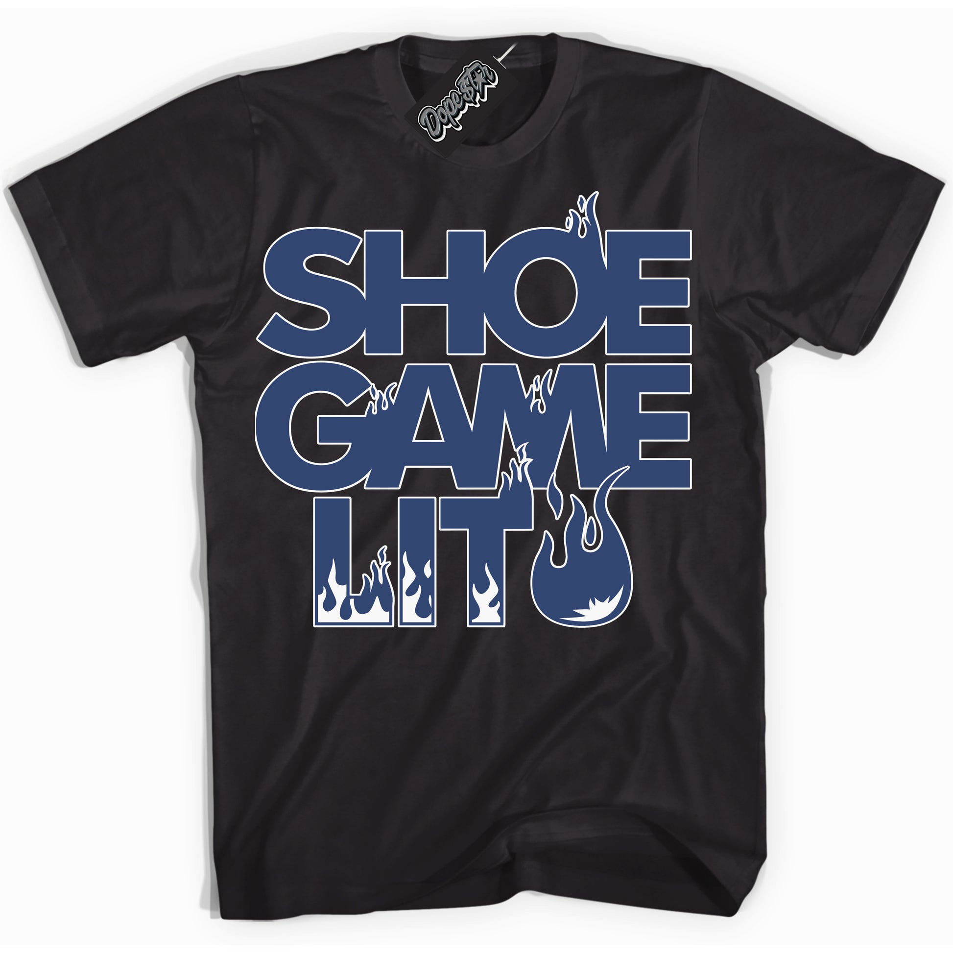 Cool Black Shirt with “Shoe Game Lit” design that perfectly matches Diffused Blue 11s Jordans.