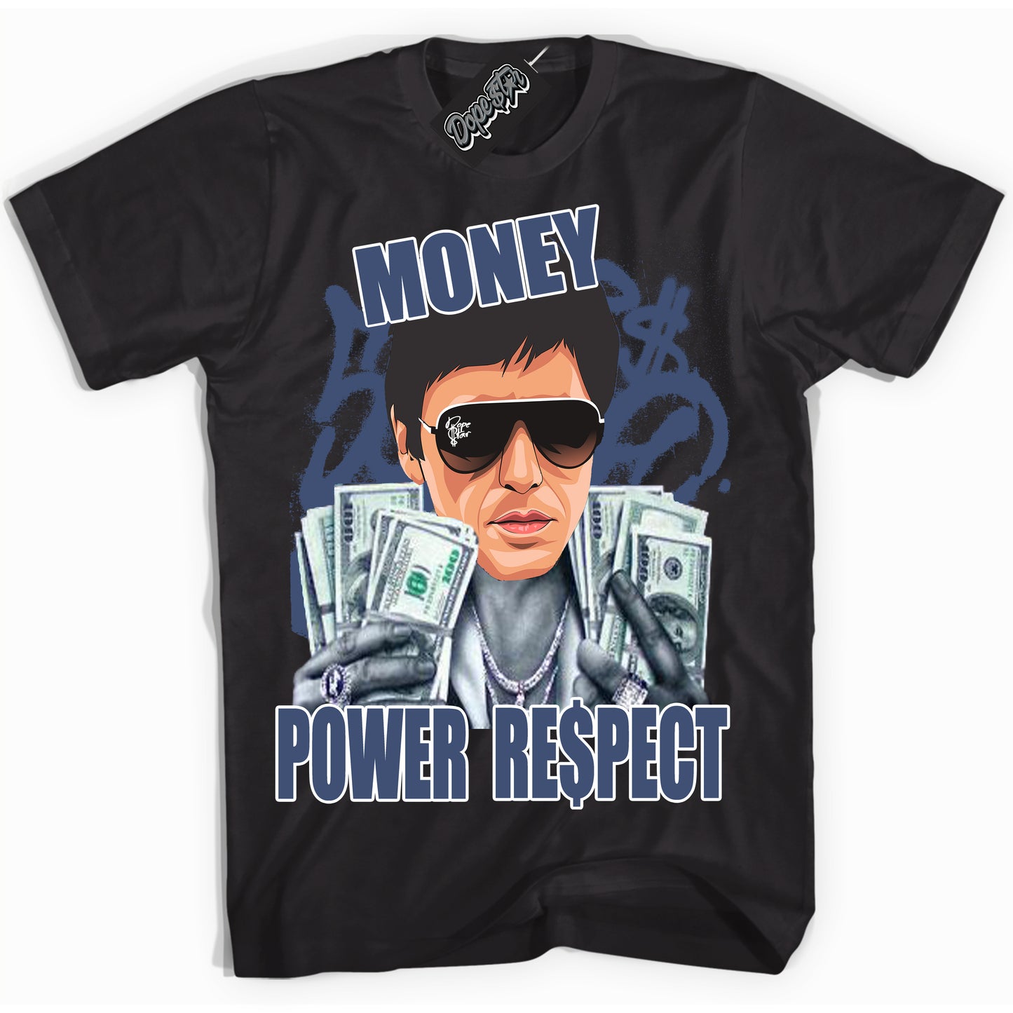 Cool Black Shirt with “Tony Montana” design that perfectly matches Diffused Blue 11s Jordans.