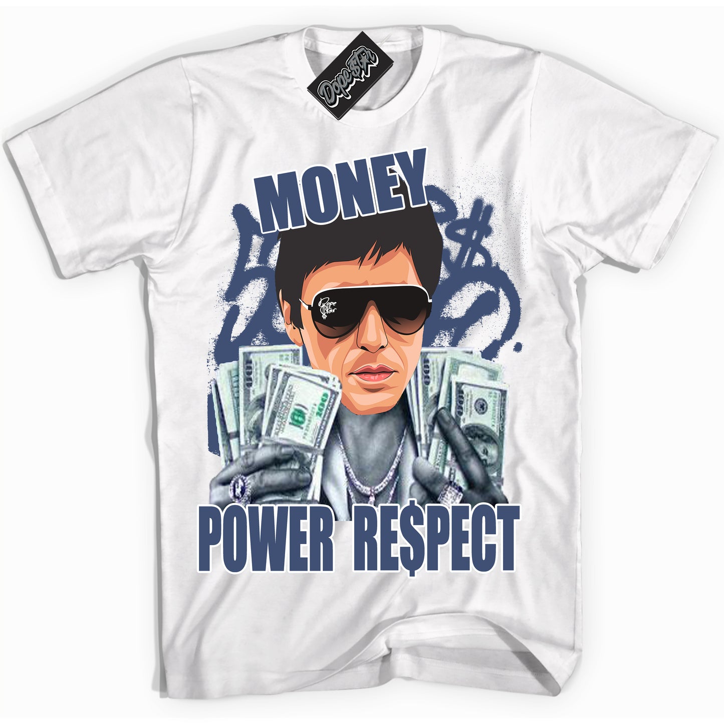 Cool White Shirt with “Tony Montana” design that perfectly matches Diffused Blue 11s Jordans.