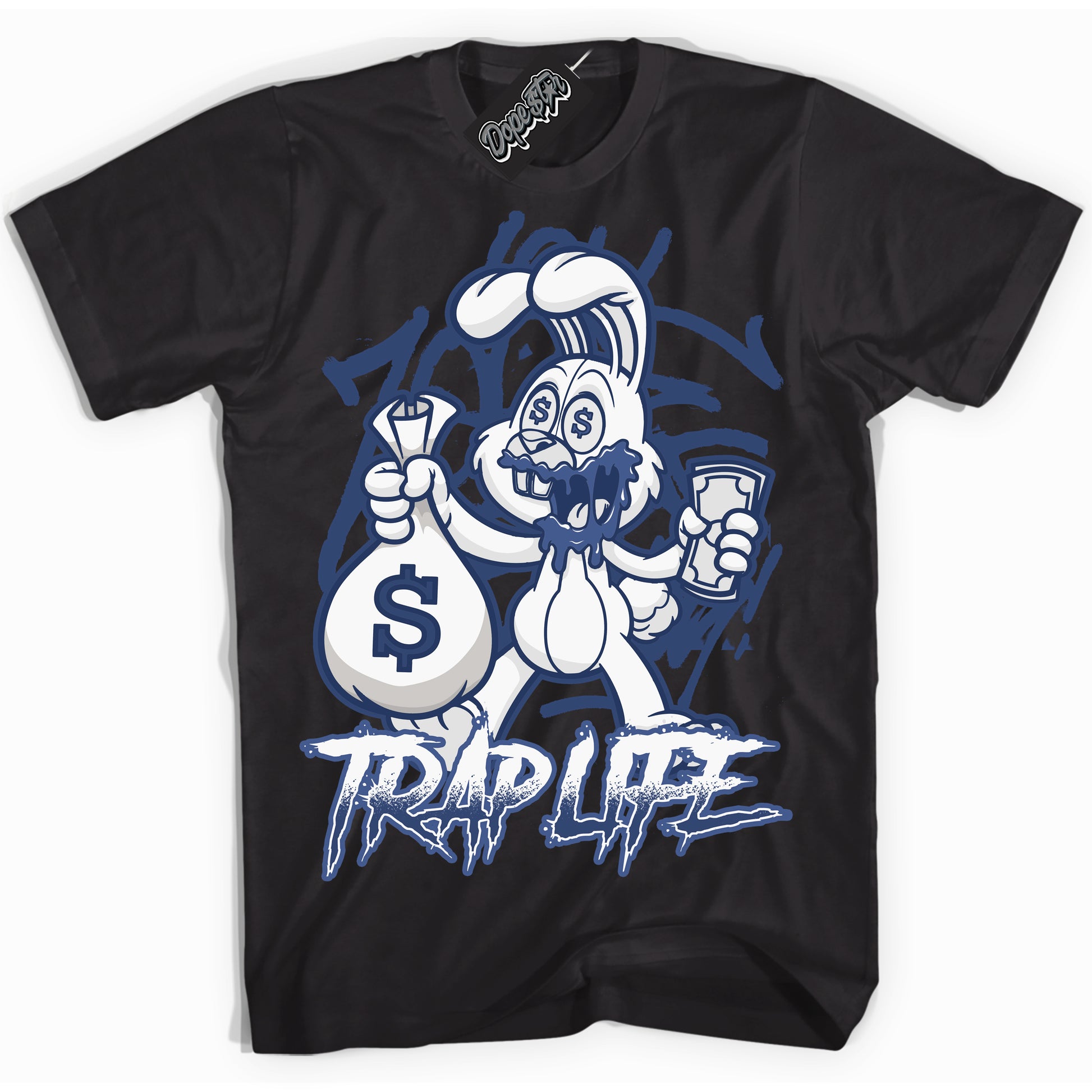 Cool Black Shirt with “Trap Rabbit” design that perfectly matches Diffused Blue 11s Jordans.