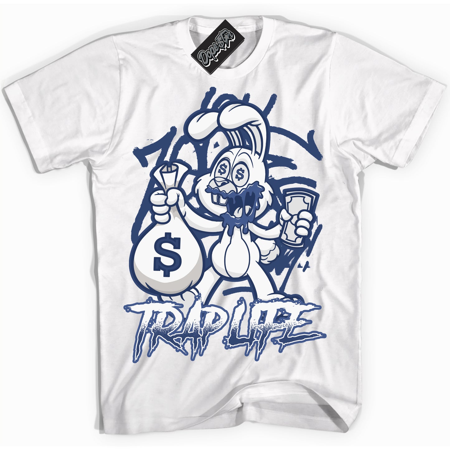 Cool White Shirt with “Trap Rabbit” design that perfectly matches Diffused Blue 11s Jordans.