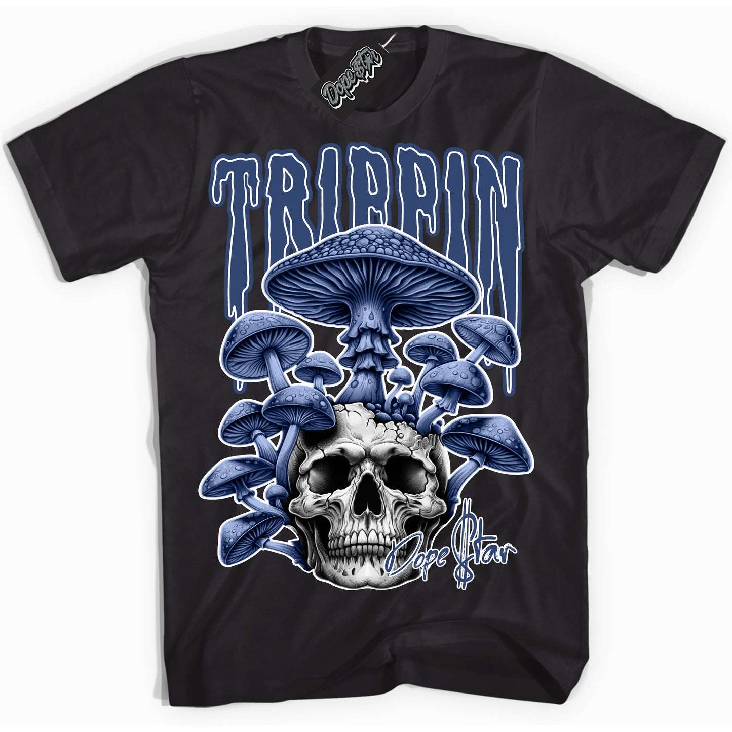 Cool Black Shirt with “Trippin” design that perfectly matches Diffused Blue 11s Jordans.