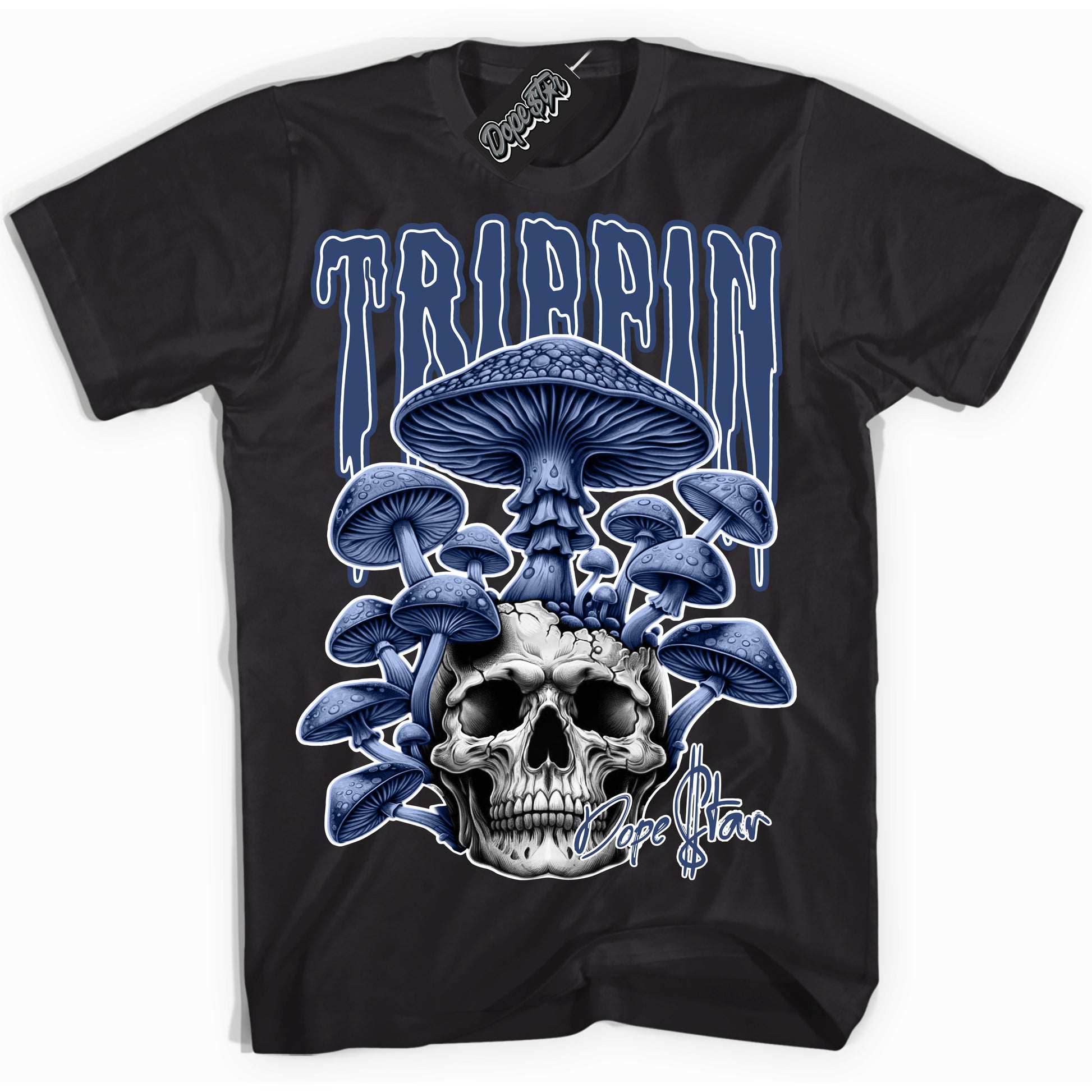 Cool Black Shirt with “Trippin” design that perfectly matches Diffused Blue 11s Jordans.
