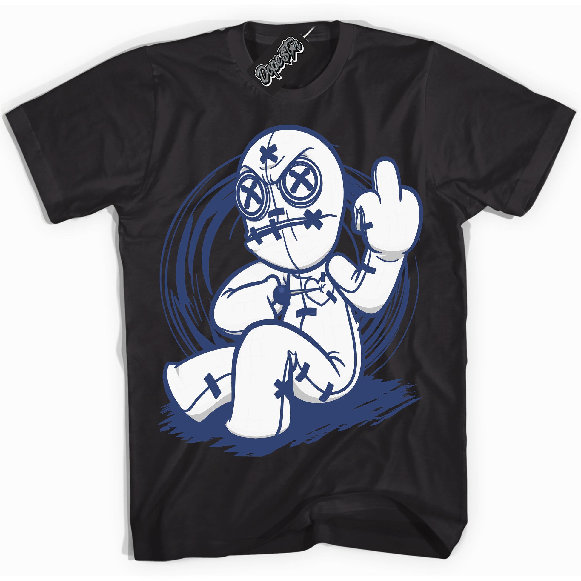 Cool Black Shirt with “Voodoo Doll” design that perfectly matches Diffused Blue 11s Jordans.