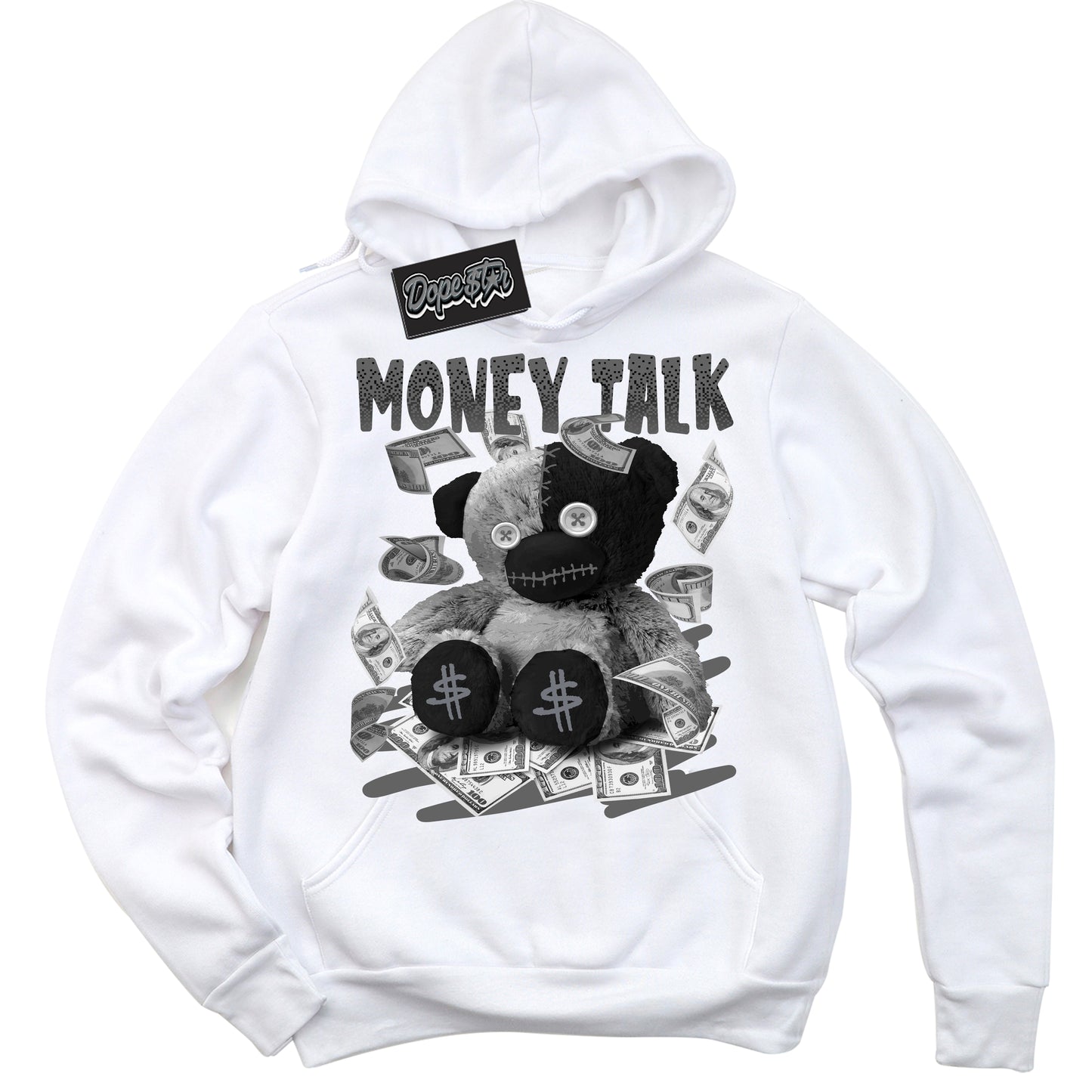 Cool White Hoodie with “Money Talk Bear” design that Perfectly Matches Barons 12s Jordans.
