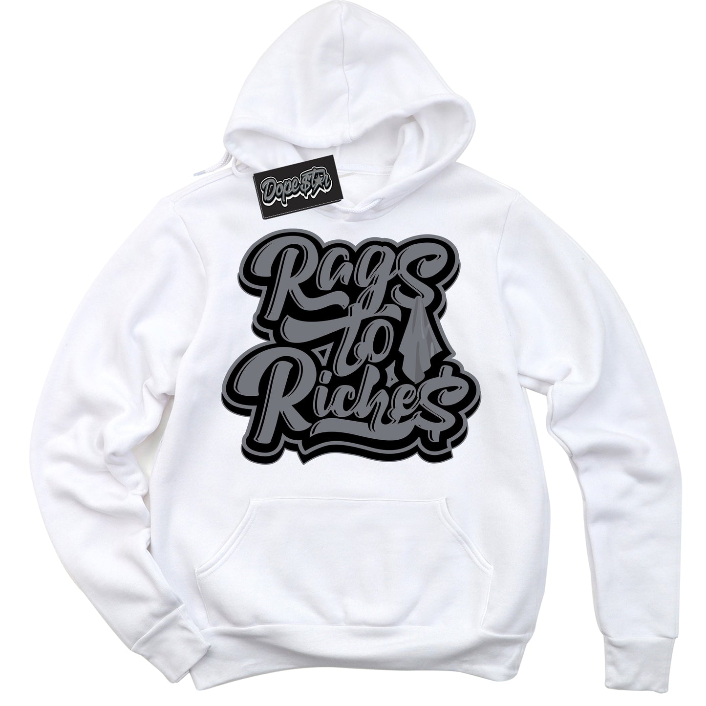 Cool White Hoodie with “Rags To Riches” design that Perfectly Matches Barons 12s Jordans.
