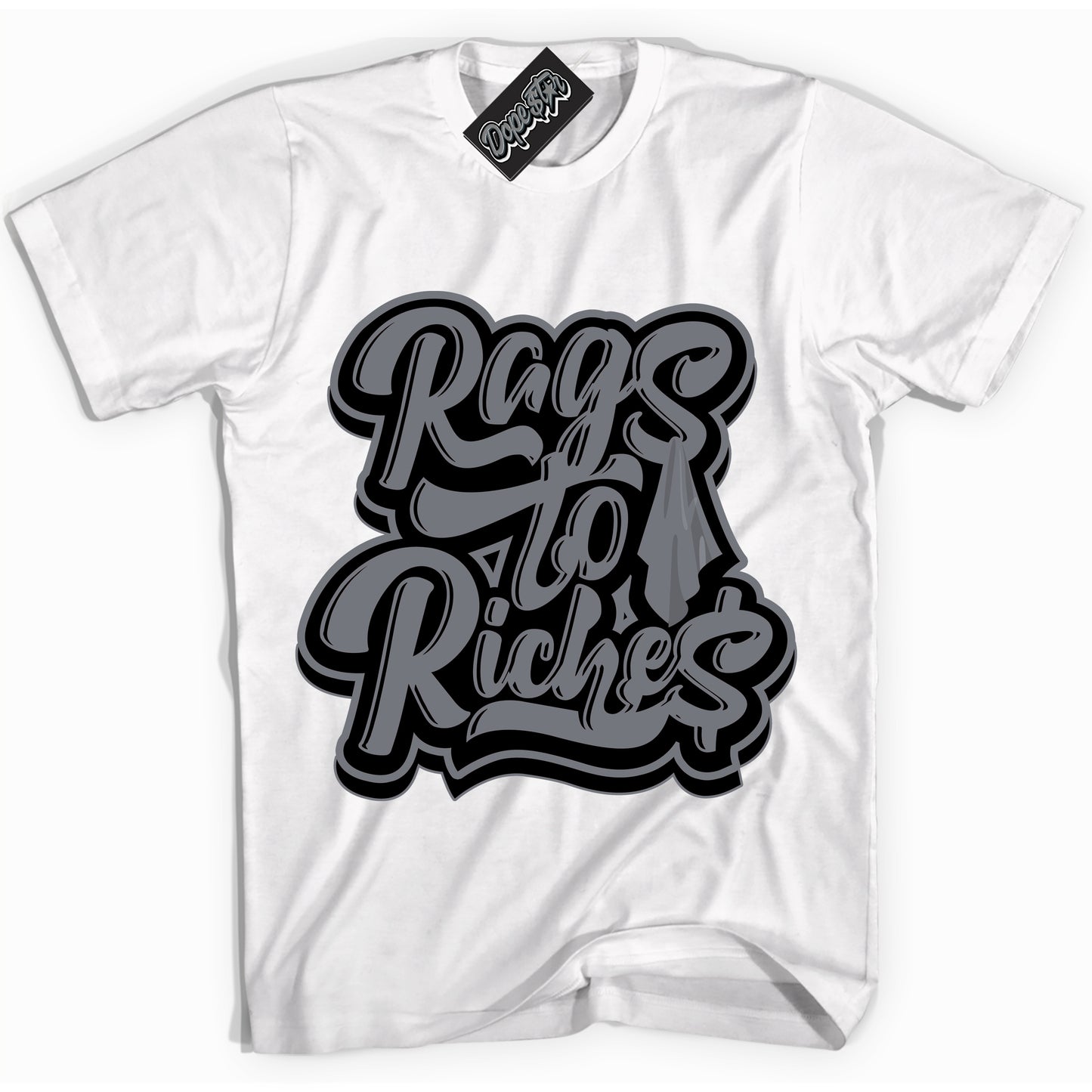 Cool White Shirt with “Rags To Riches” design that perfectly matches the Barons 12s Jordans.

