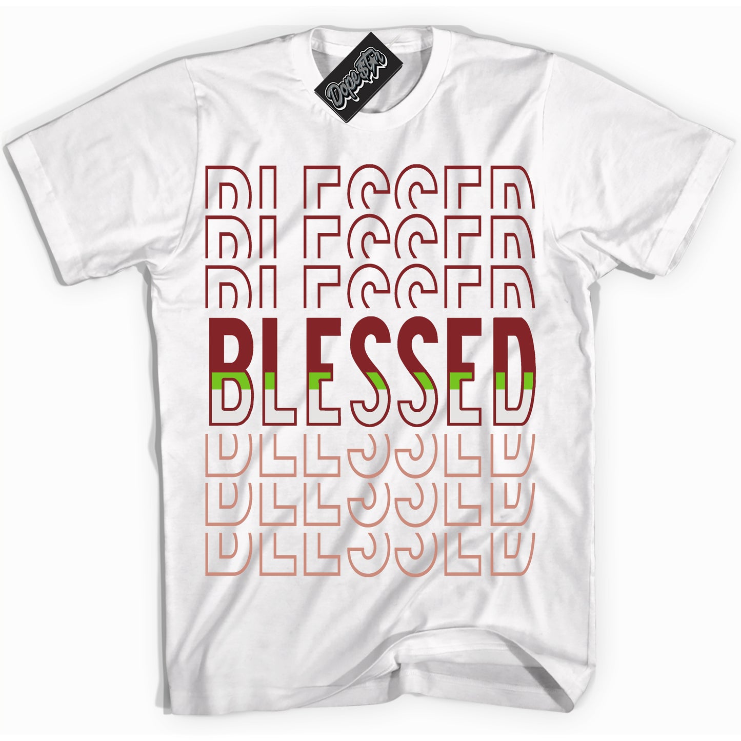 Cool White Shirt with “Blessed Stacked” design that perfectly matches the Dune Red 13s Jordans.