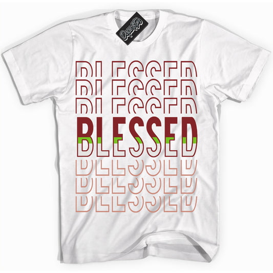Cool White Shirt with “Blessed Stacked” design that perfectly matches the Dune Red 13s Jordans.
