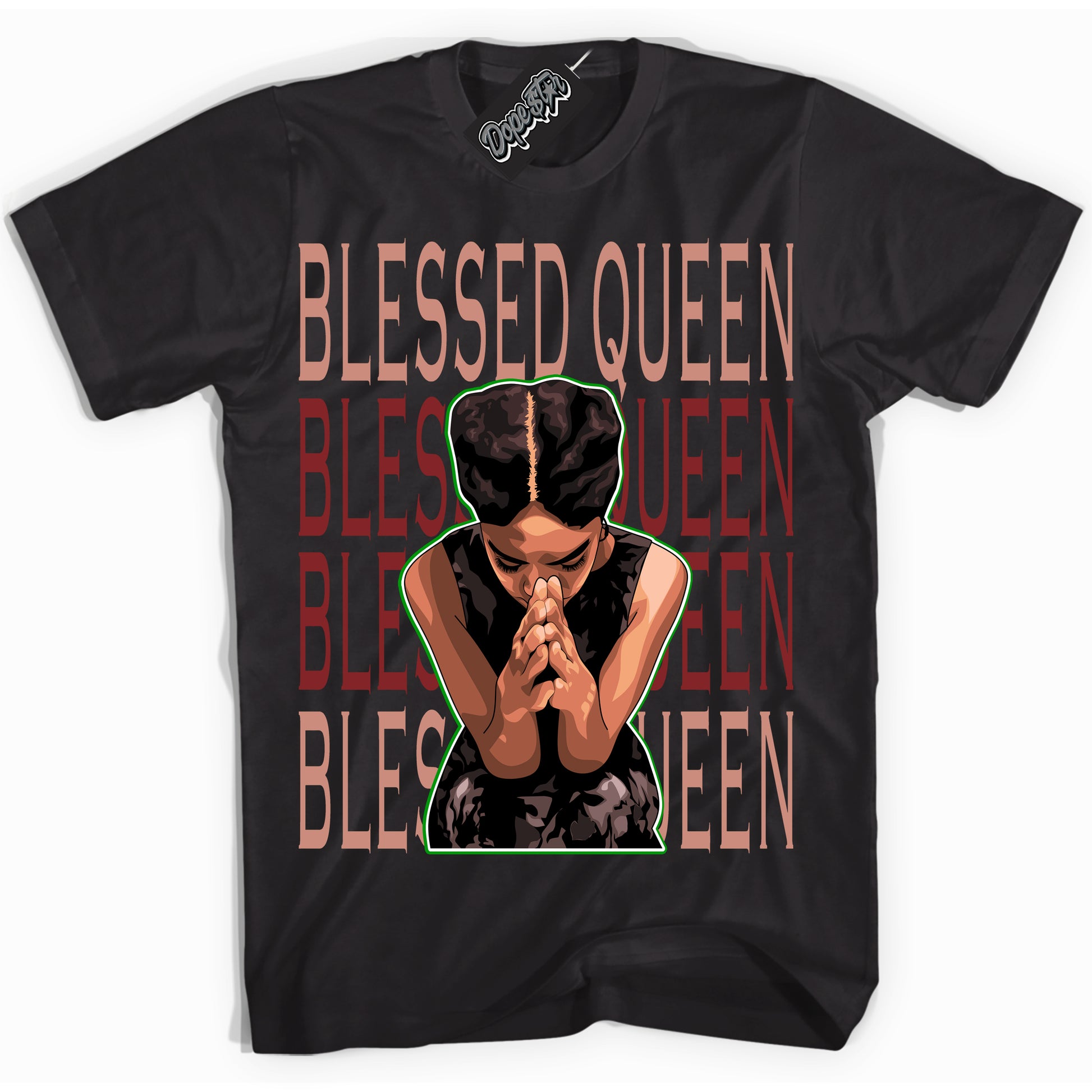 Cool Black Shirt with “Blessed Queen” design that perfectly matches the Dune Red 13s Jordans.