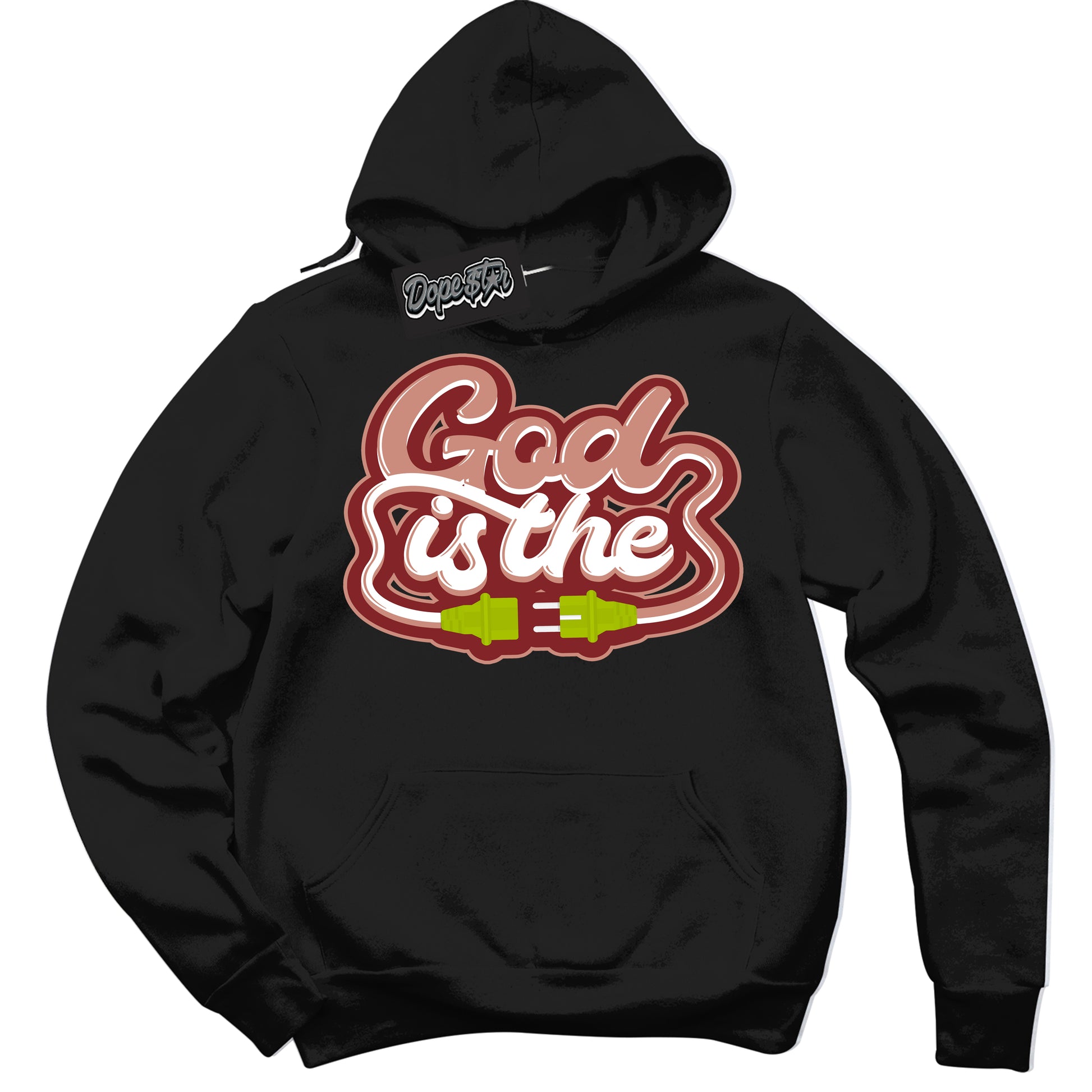 Cool Black Hoodie with “God Is The” design that Perfectly Matches Dune Red 13s Jordans