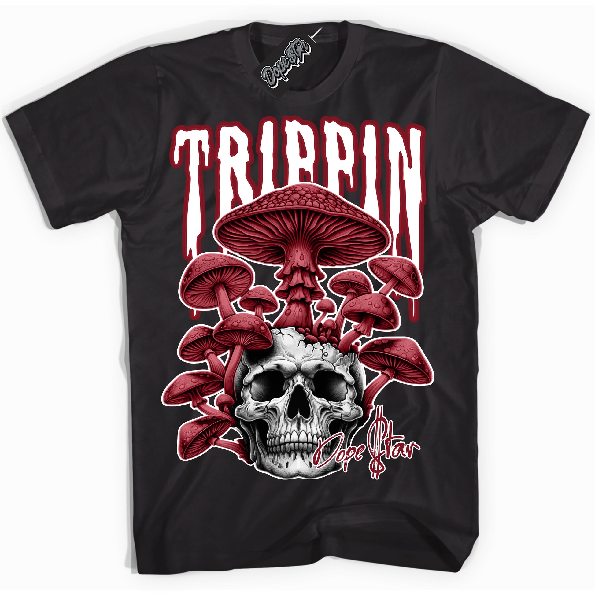 Cool Black Shirt with “Trippin” design that perfectly matches Metallic Burgundy 1s.