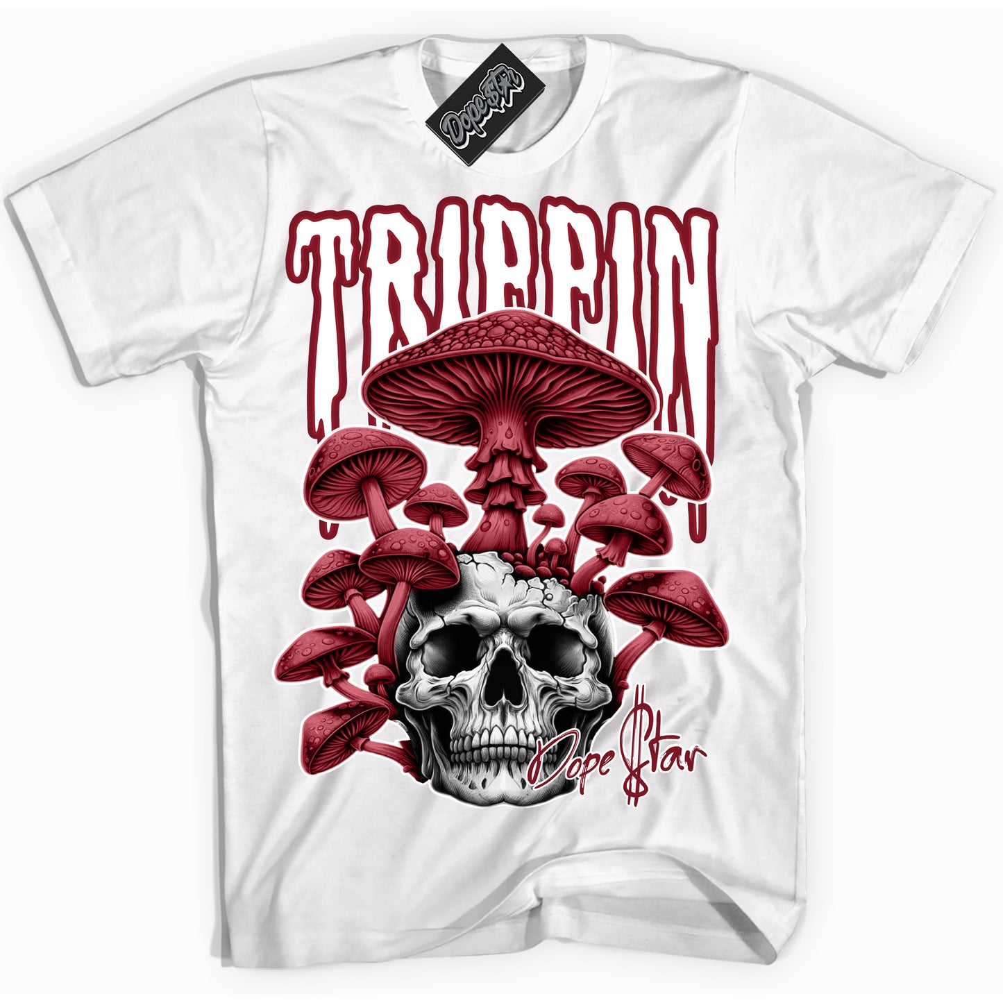Cool White Shirt with “Trippin” design that perfectly matches Metallic Burgundy 1s.